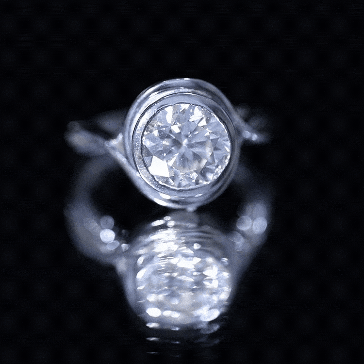 Certified Moissanite Bezel Set Engagement Ring with Crossover Shank D-VS1 - Rosec Jewels