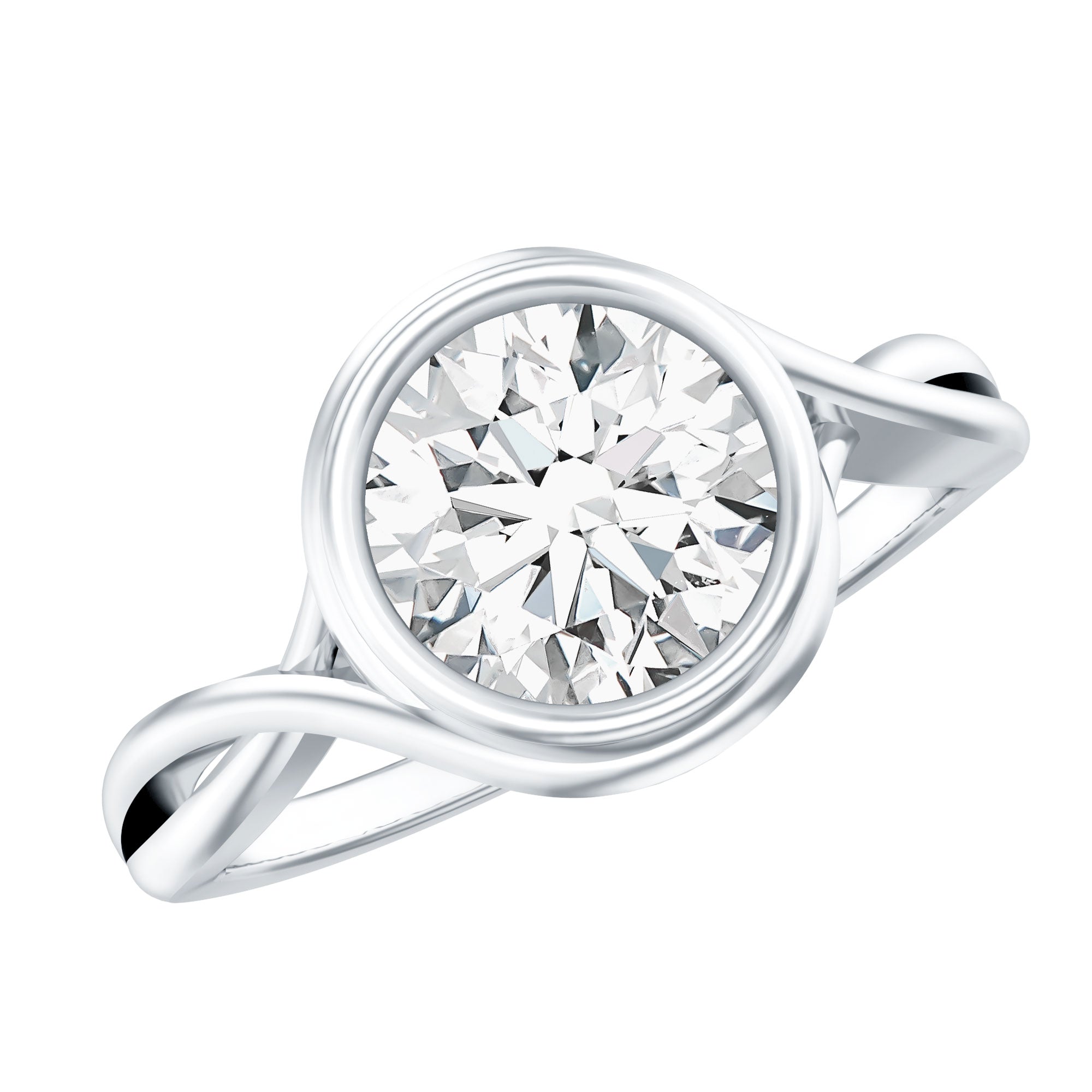 Certified Moissanite Bezel Set Engagement Ring with Crossover Shank D-VS1 - Rosec Jewels