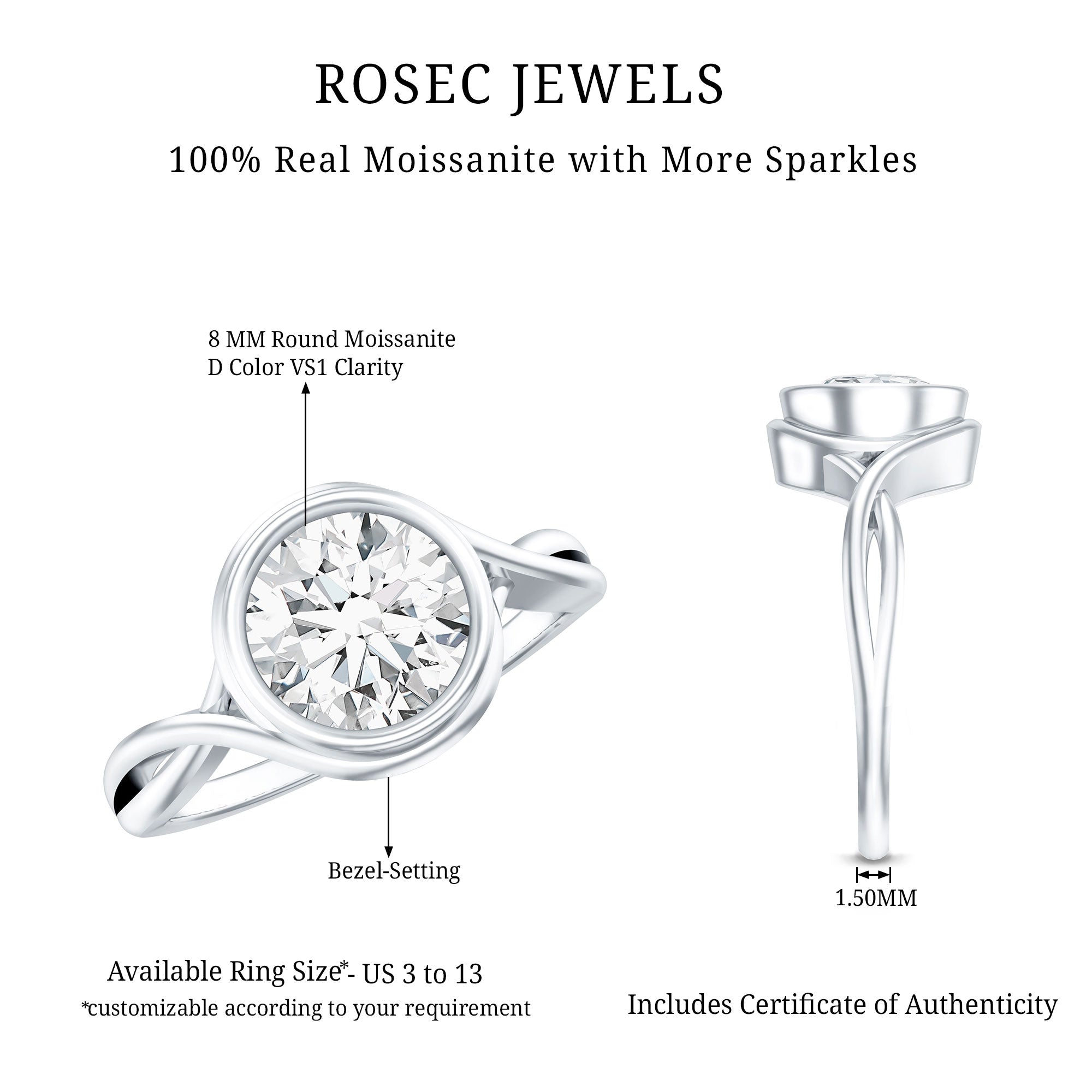 Certified Moissanite Bezel Set Engagement Ring with Crossover Shank D-VS1 - Rosec Jewels