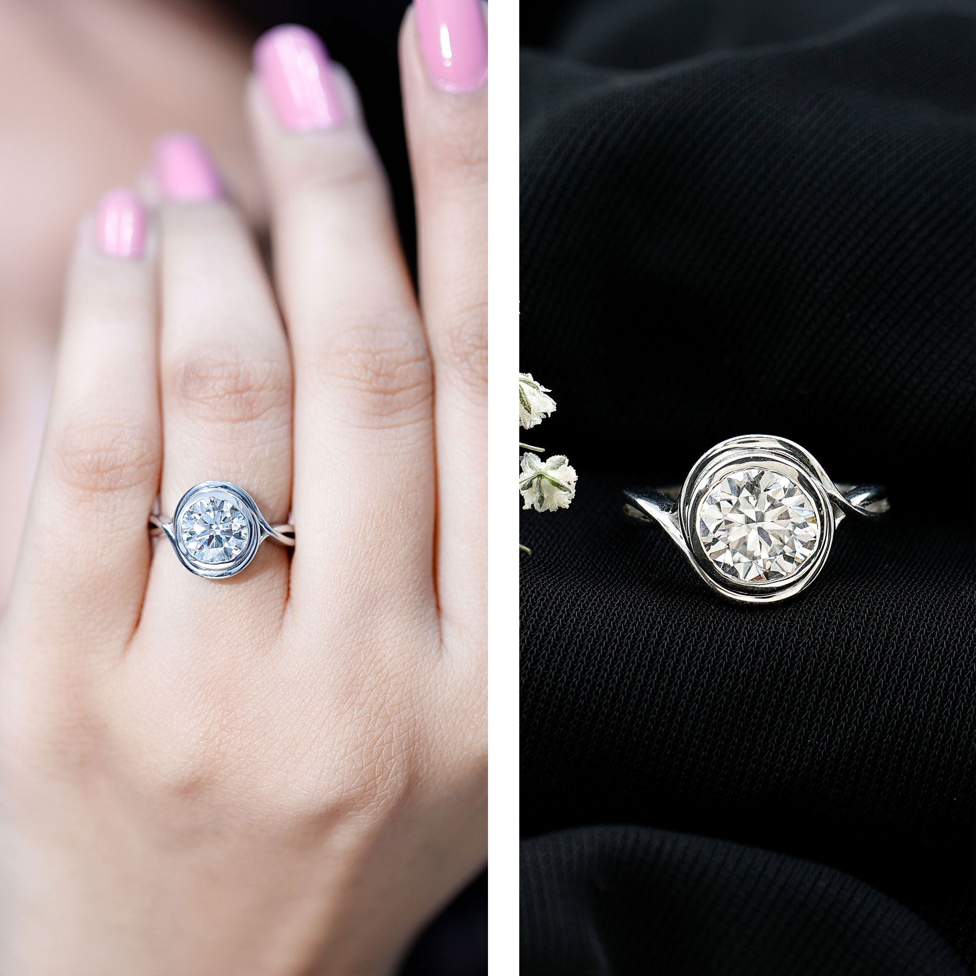 Certified Moissanite Bezel Set Engagement Ring with Crossover Shank D-VS1 - Rosec Jewels