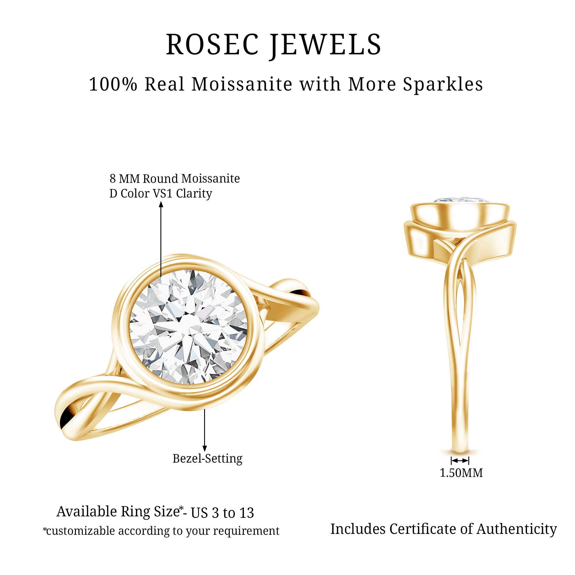 Certified Moissanite Bezel Set Engagement Ring with Crossover Shank D-VS1 - Rosec Jewels