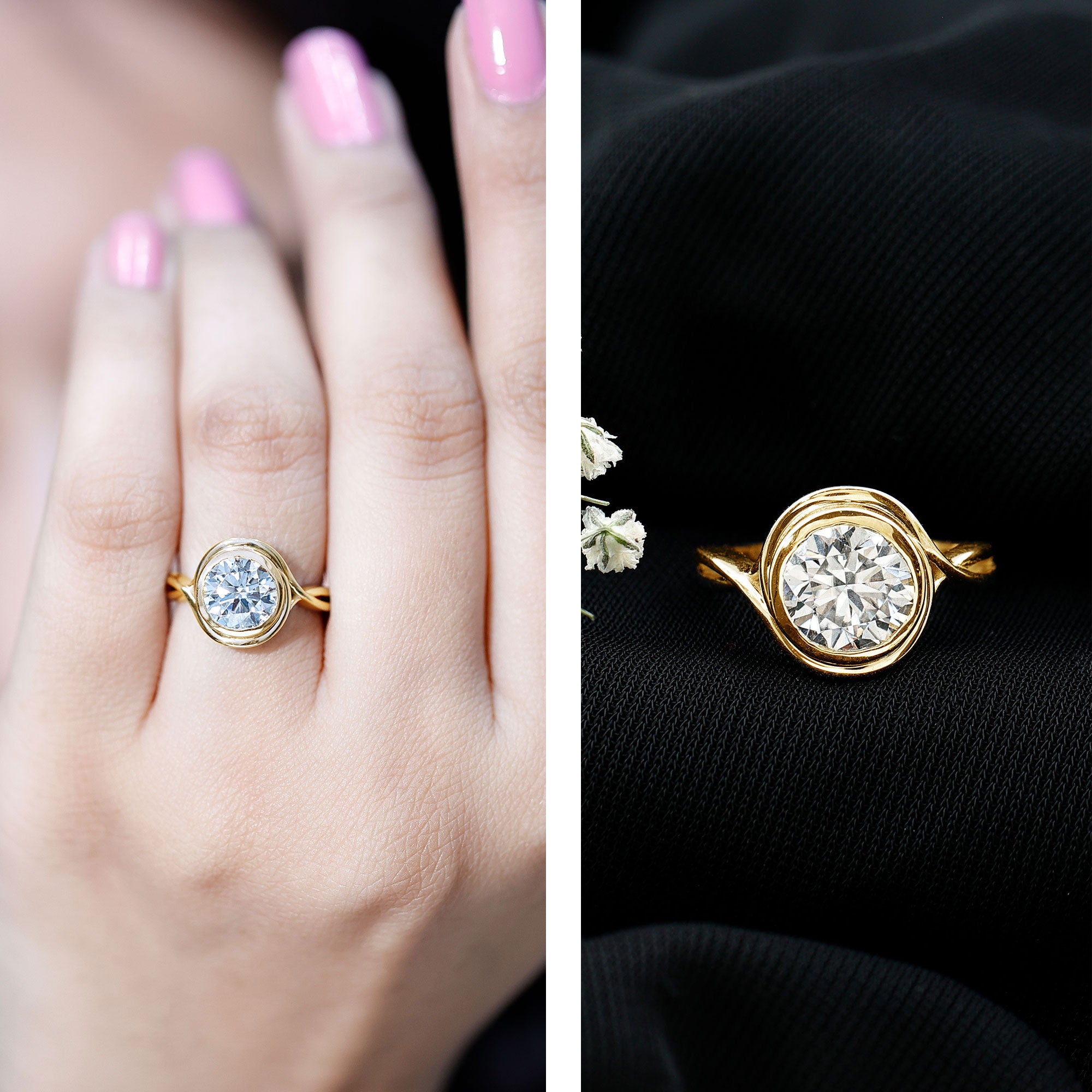 Certified Moissanite Bezel Set Engagement Ring with Crossover Shank D-VS1 - Rosec Jewels
