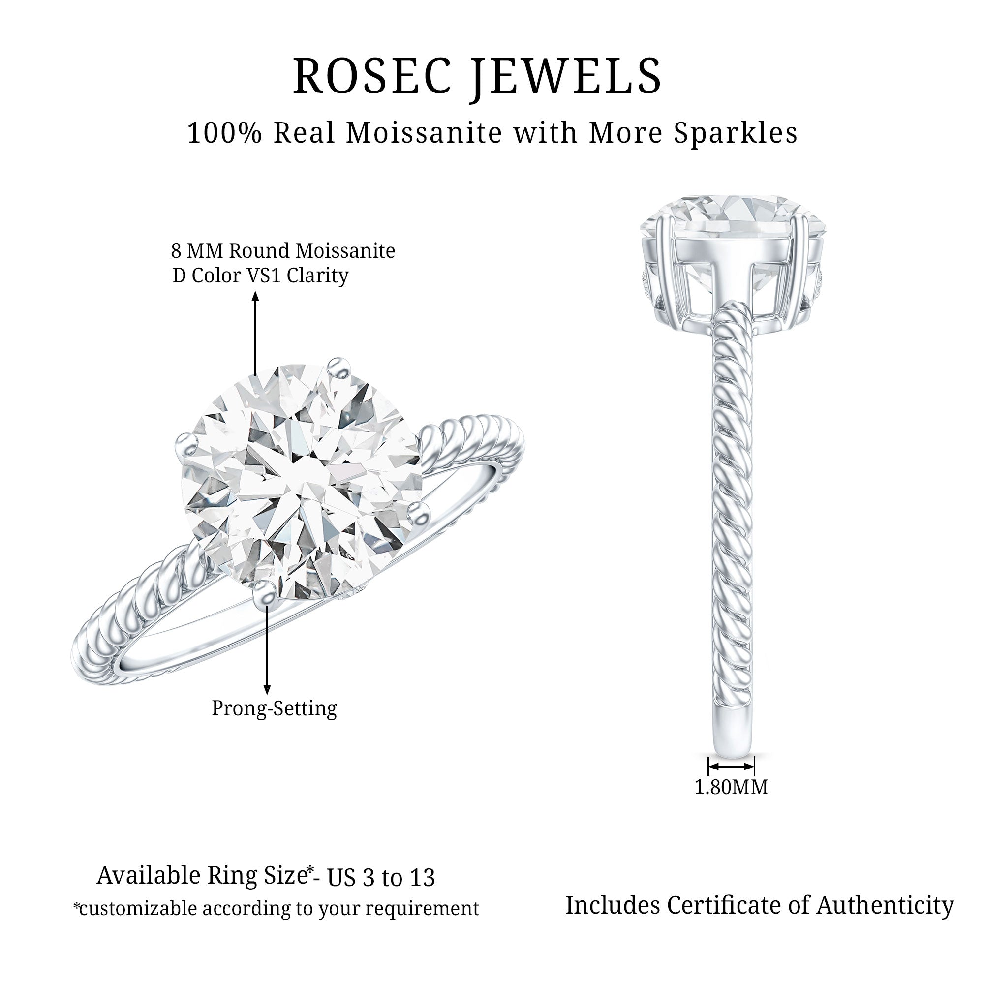 Round Cut Moissanite Solitaire Engagement Ring with Twisted Rope D-VS1 - Rosec Jewels