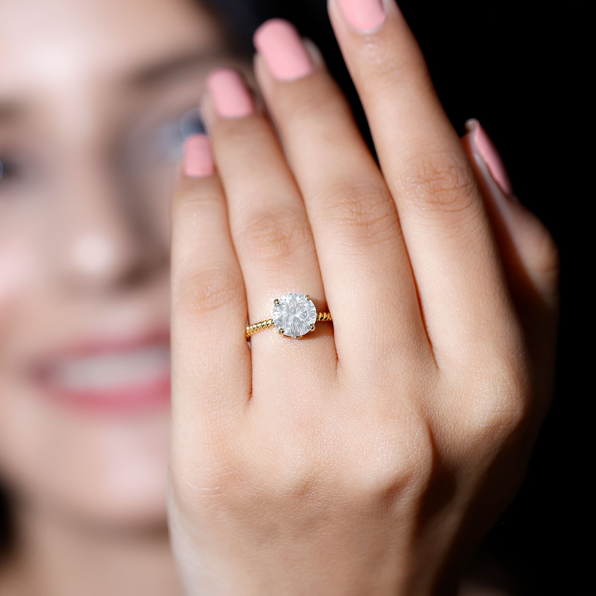 Round Cut Moissanite Solitaire Engagement Ring with Twisted Rope D-VS1 - Rosec Jewels
