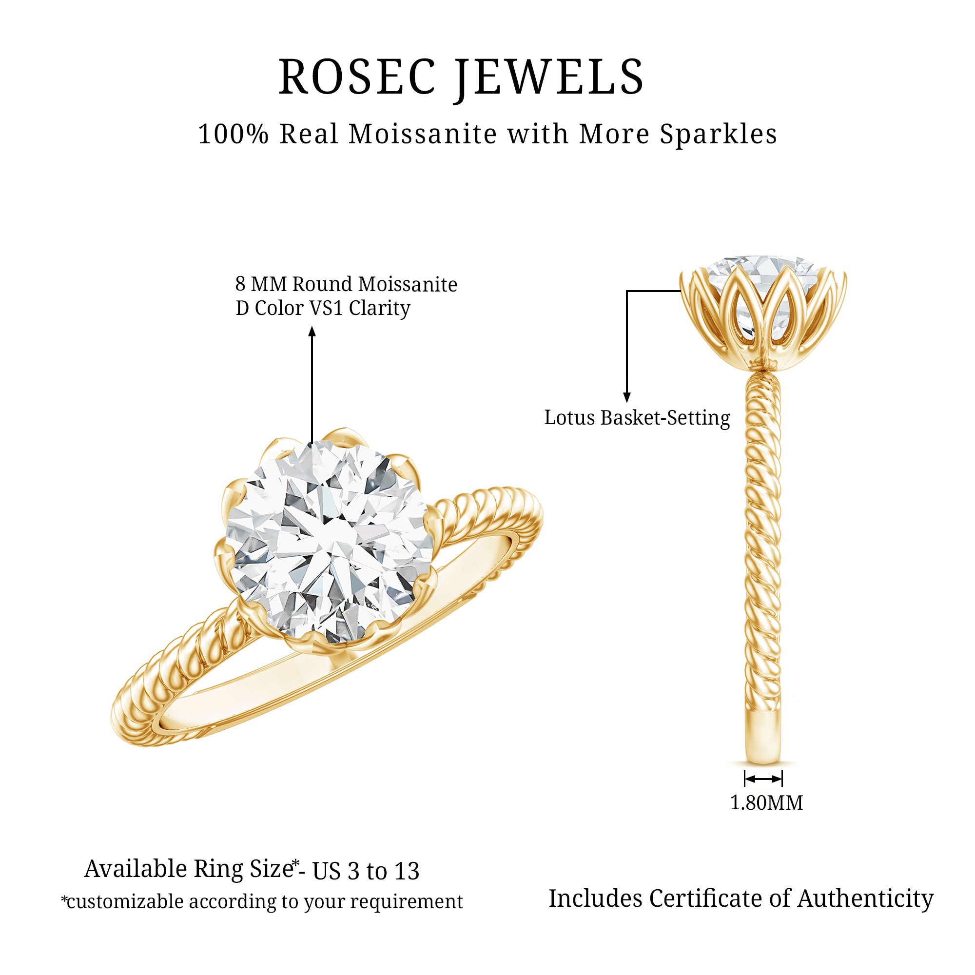 2 CT Moissanite Engagement Ring with Twisted Rope Band D-VS1 - Rosec Jewels