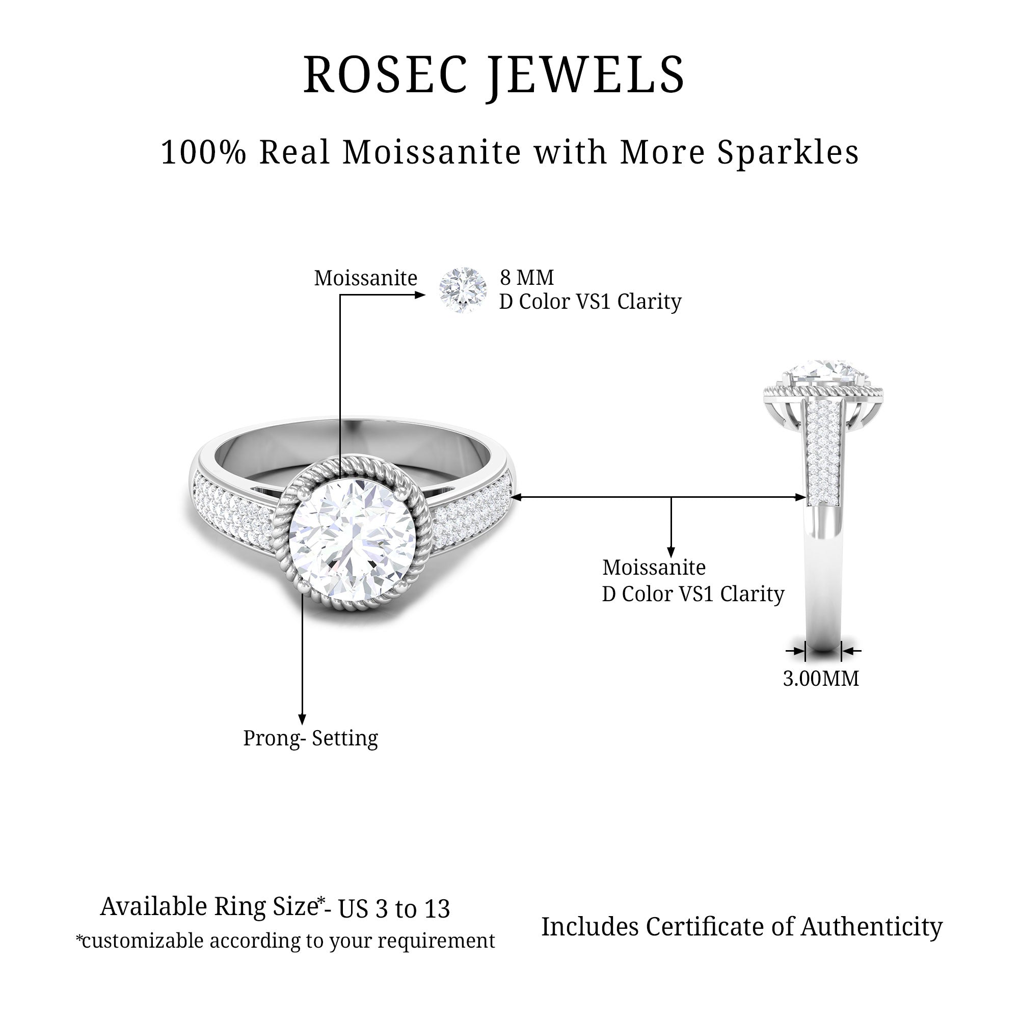 2.25 CT Round Moissanite Solitaire Ring with Rope Frame and Pave Set Side Stones Moissanite - ( D-VS1 ) - Color and Clarity - Rosec Jewels