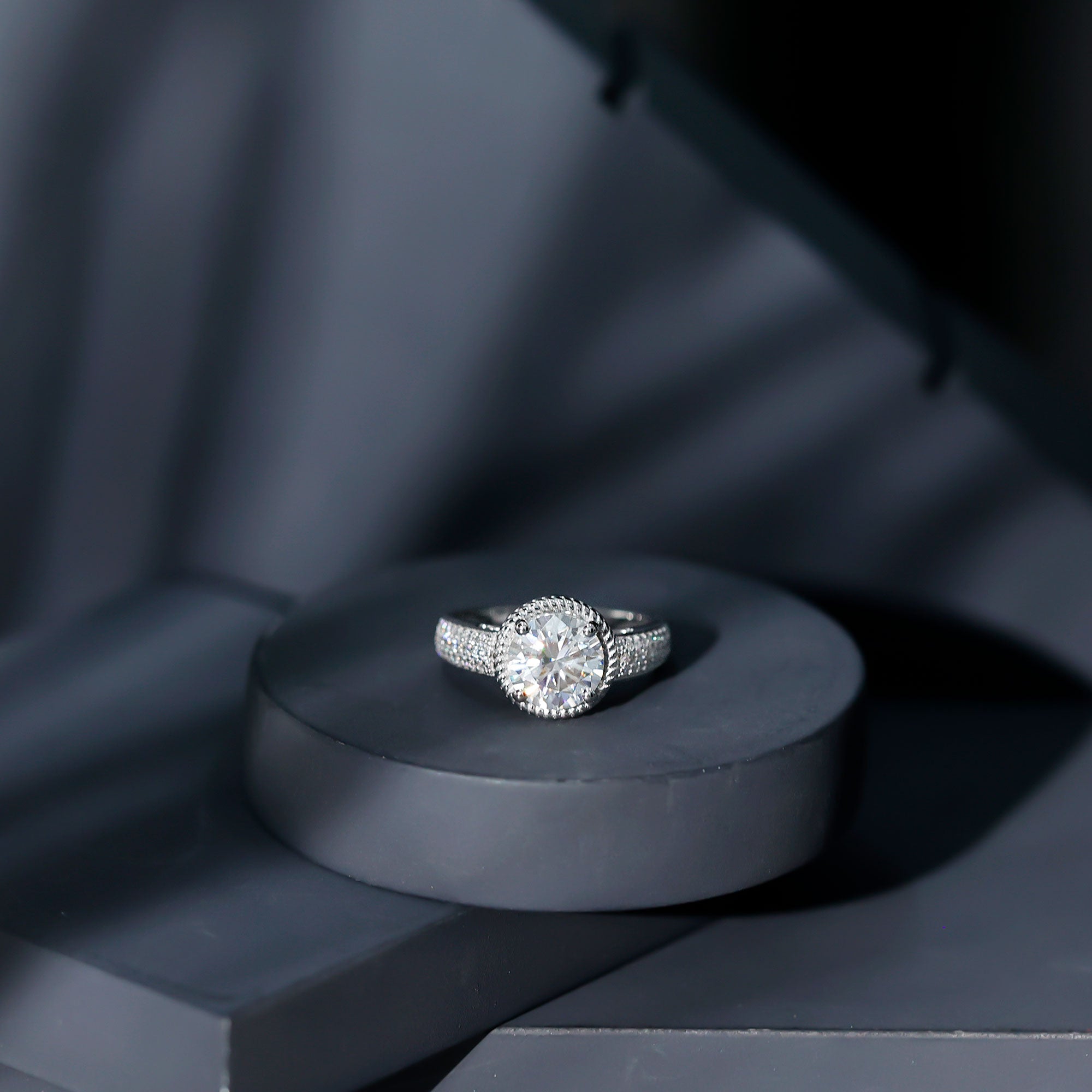 Rosec Jewels-2 Carat Moissanite Round Cut Engagement Ring With Side Stones