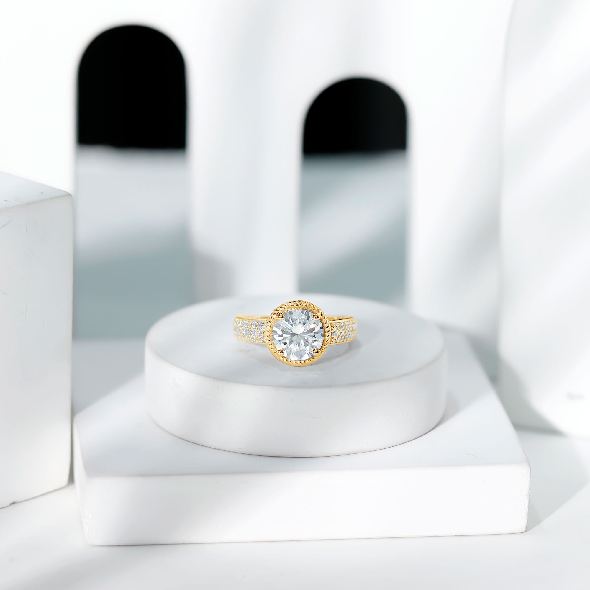 Rosec Jewels-2 Carat Moissanite Round Cut Engagement Ring With Side Stones