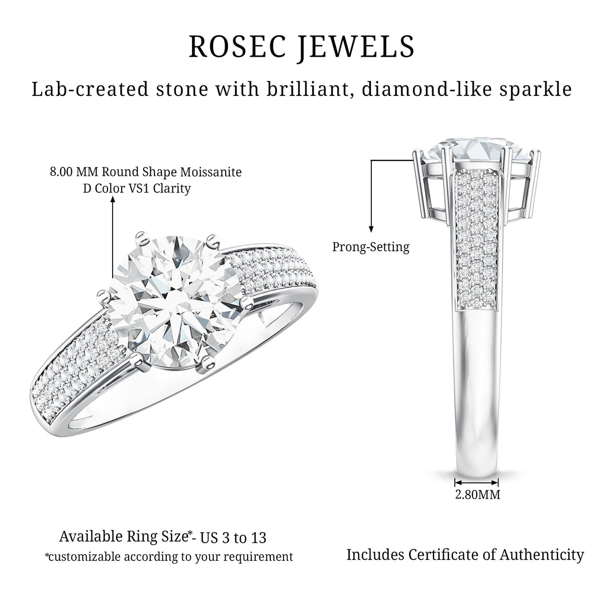 Certified Moissanite Side Stone Engagement Ring for Women D-VS1 - Rosec Jewels
