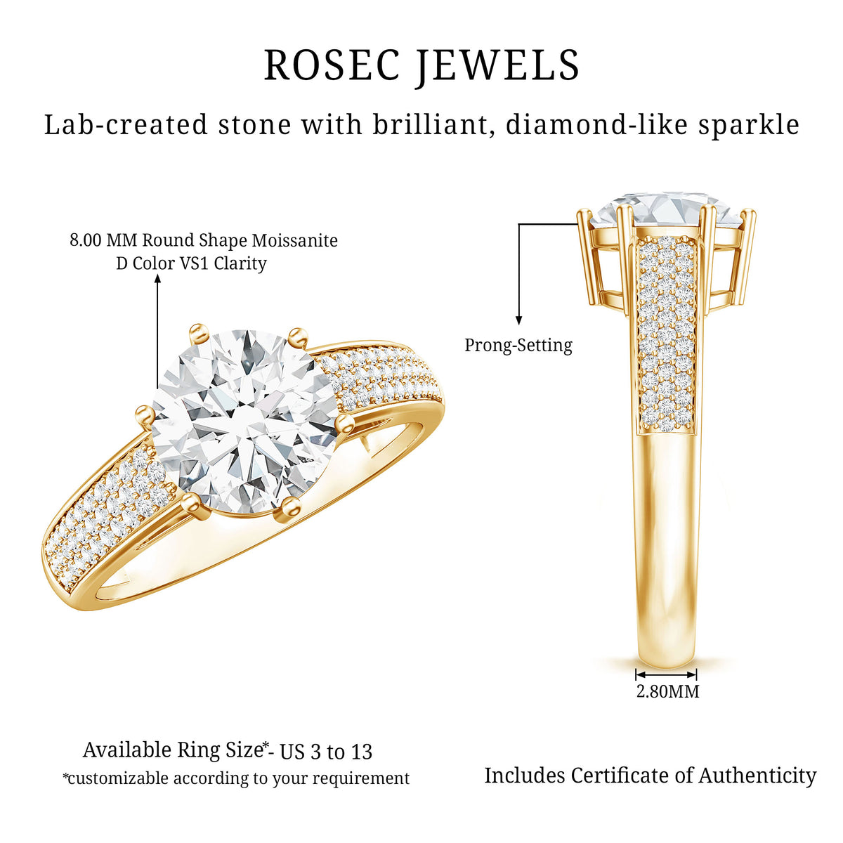 Certified Moissanite Side Stone Engagement Ring for Women D-VS1 - Rosec Jewels