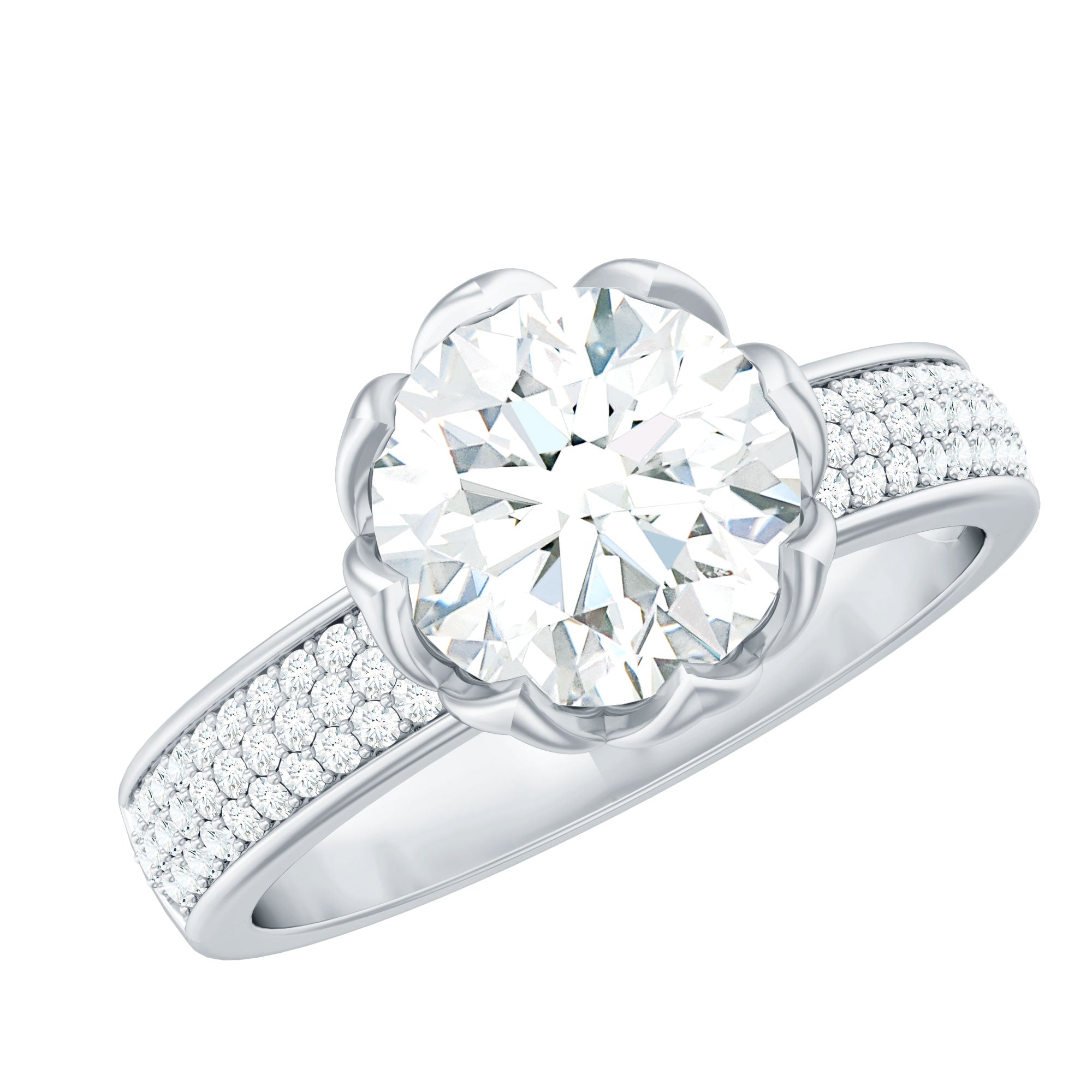 Lotus Basket Set Moissanite Engagement Ring with Side Stones