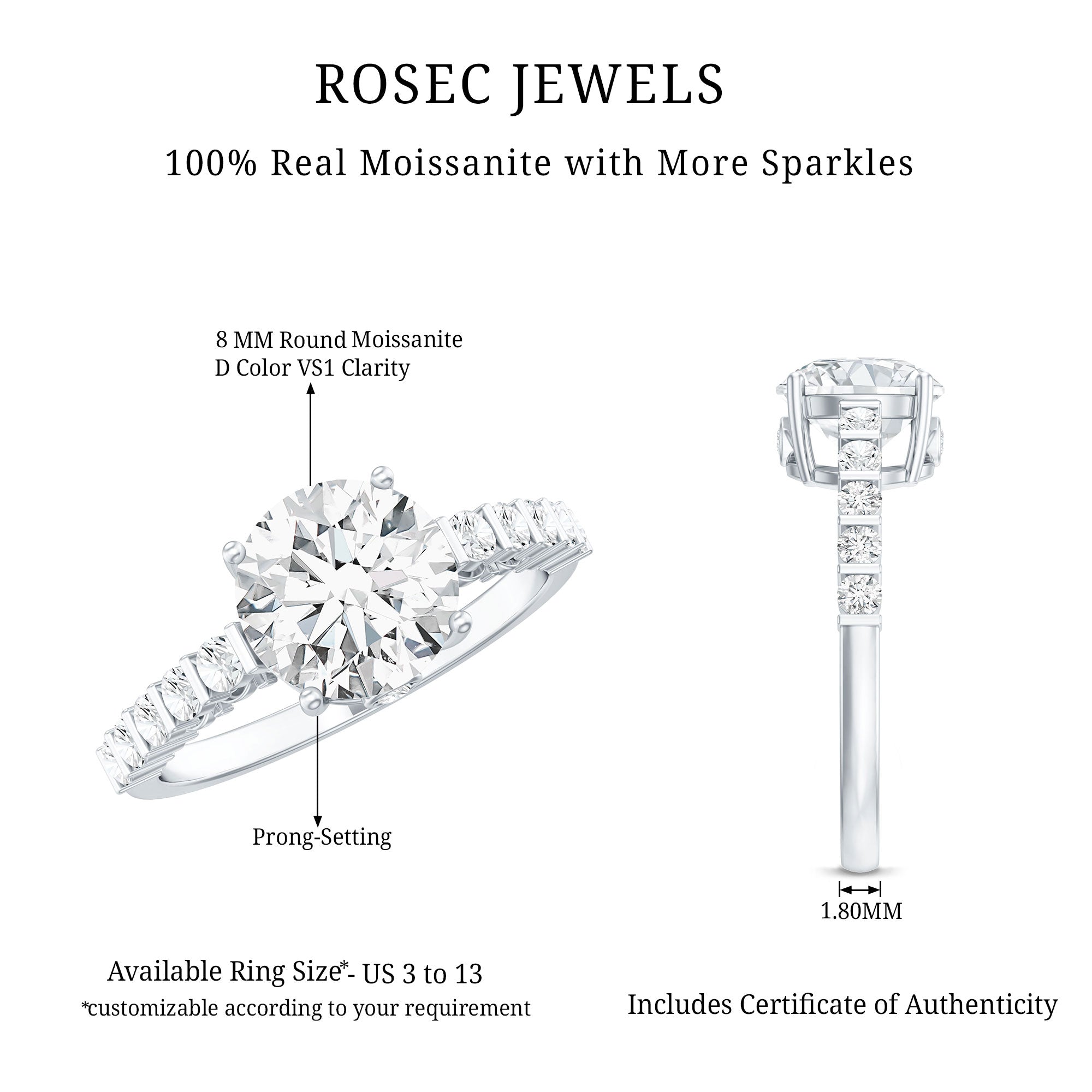 Solitaire Moissanite Engagement Ring with Side Stones D-VS1 - Rosec Jewels