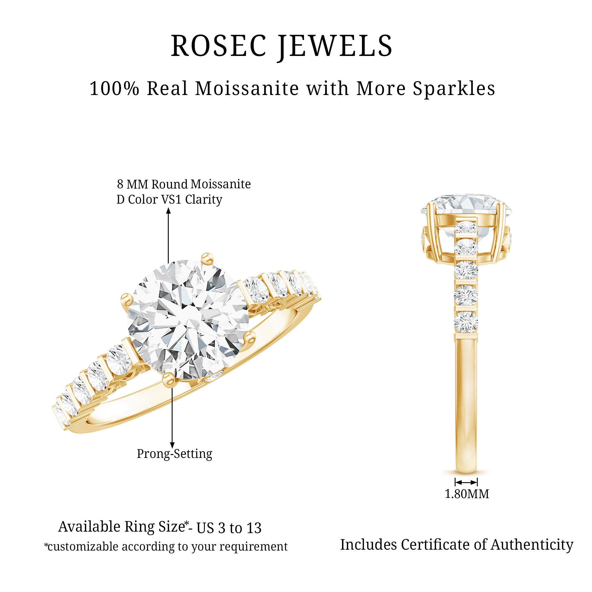 Solitaire Moissanite Engagement Ring with Side Stones D-VS1 - Rosec Jewels