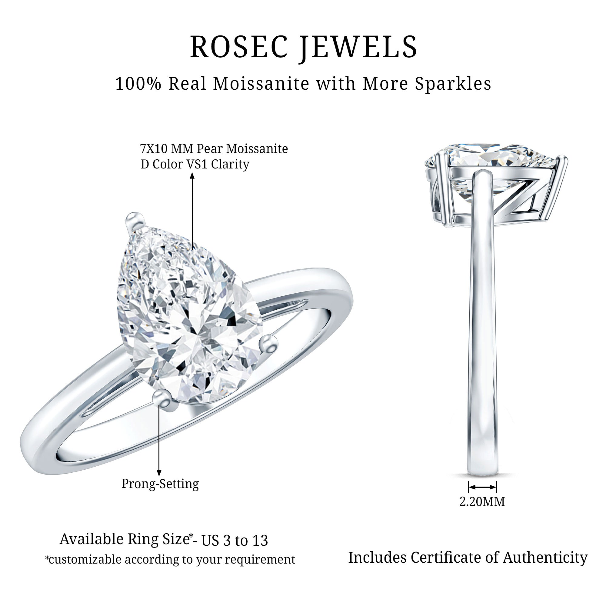 2 CT Moissanite Pear Shaped Engagement Ring for Women D-VS1 - Rosec Jewels