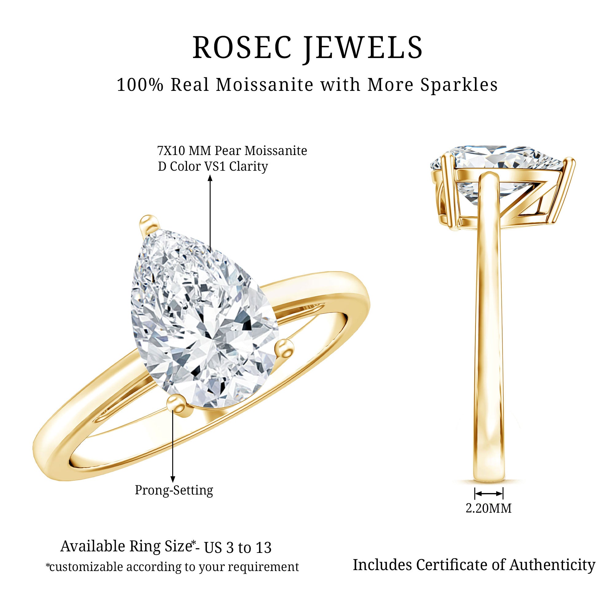 2 CT Moissanite Pear Shaped Engagement Ring for Women D-VS1 - Rosec Jewels