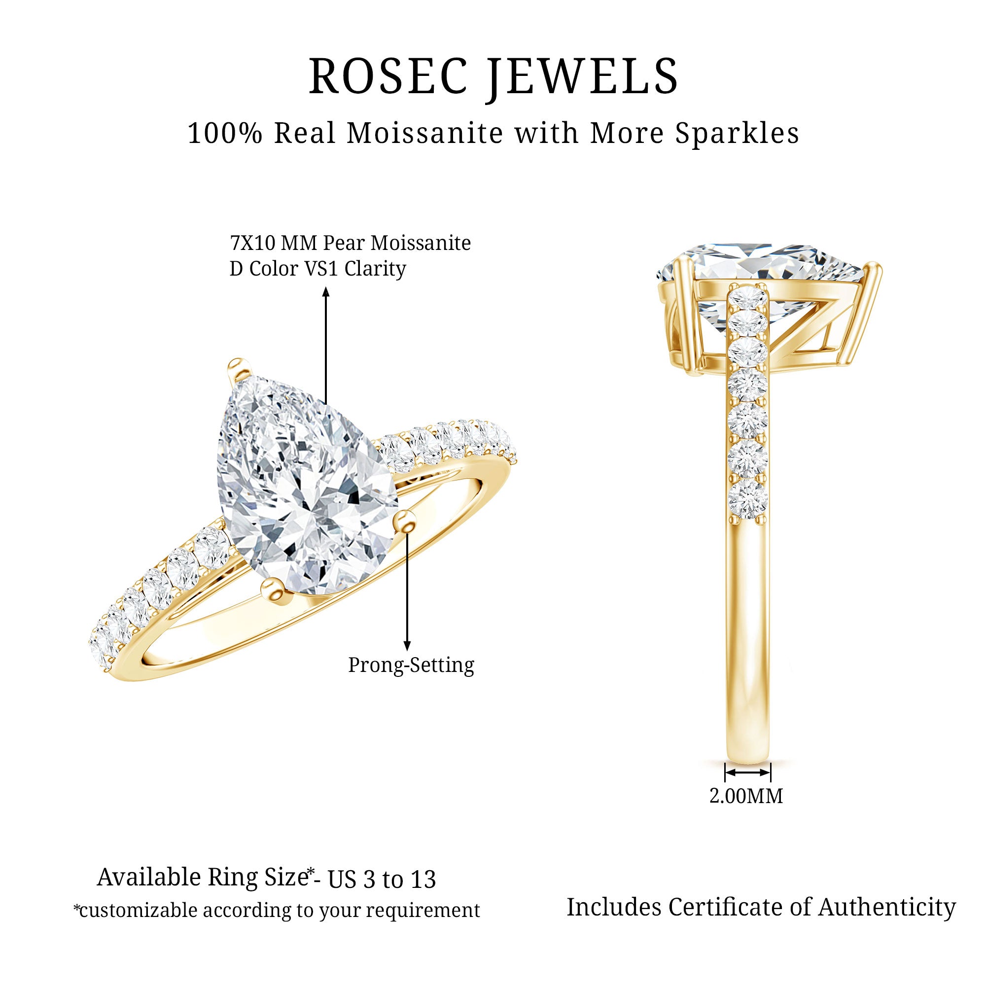 Certified Moissanite Teardrop Engagement Ring D-VS1 - Rosec Jewels