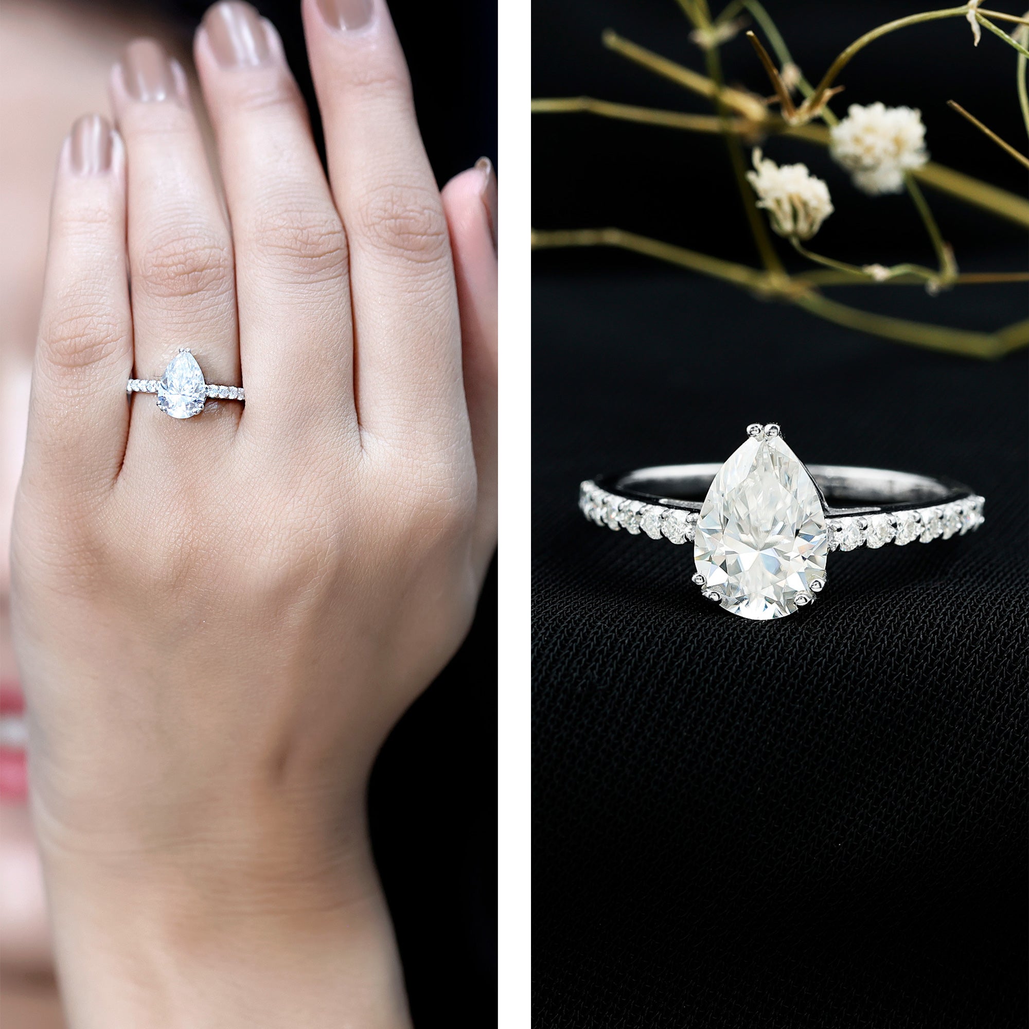 Certified 7X10 MM Moissanite Pear Shaped Engagement Ring D-VS1 - Rosec Jewels