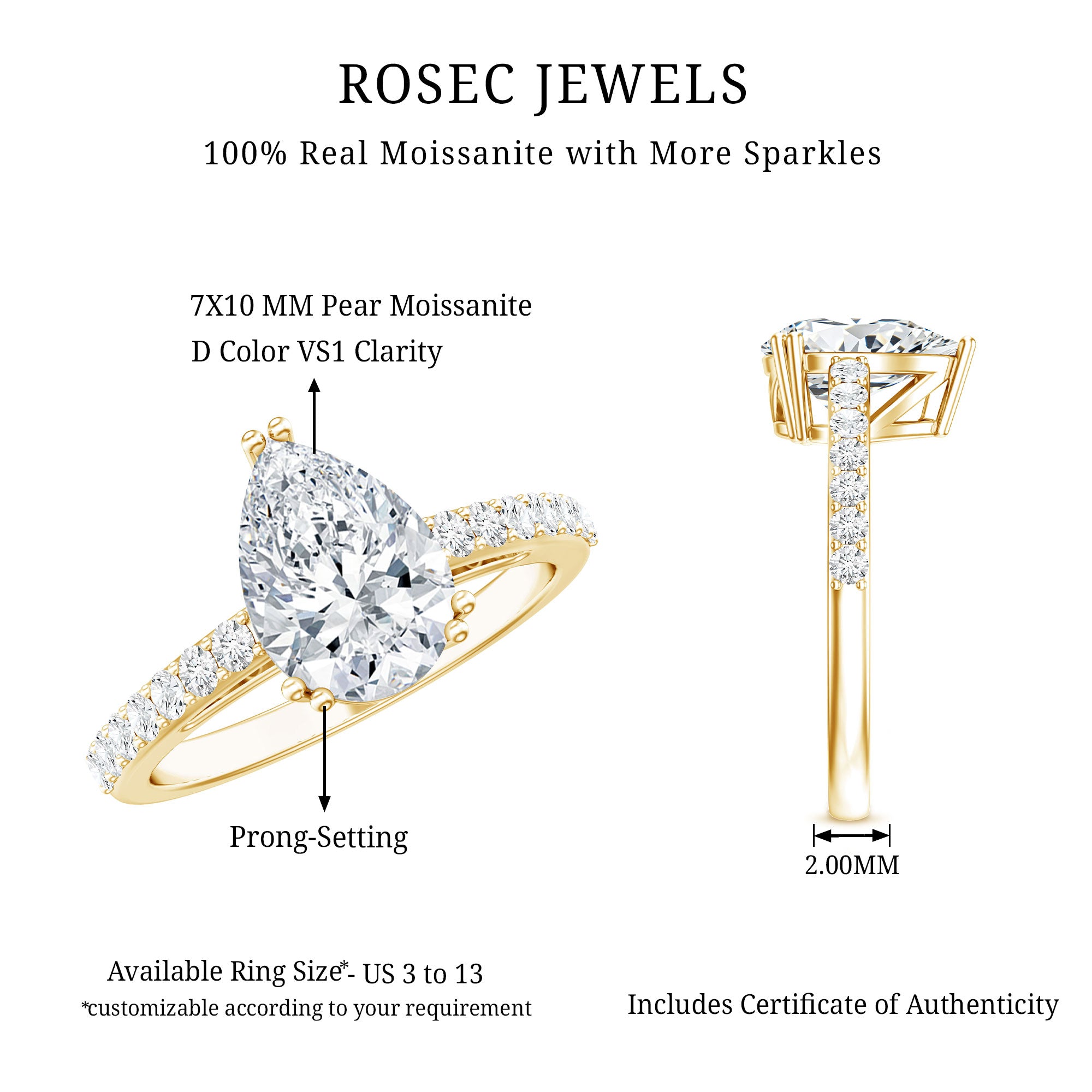 Certified 7X10 MM Moissanite Pear Shaped Engagement Ring D-VS1 - Rosec Jewels