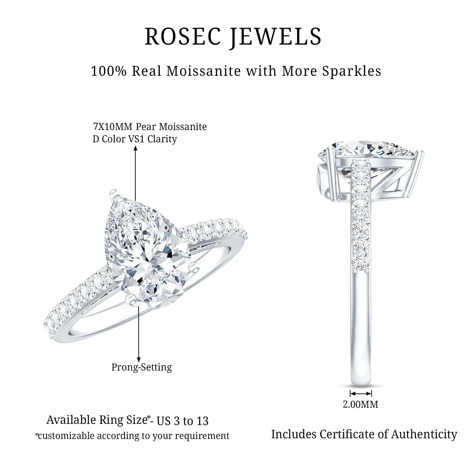 Certified 2.25 CT Moissanite Teardrop Engagement Ring For Her D-VS1 - Rosec Jewels