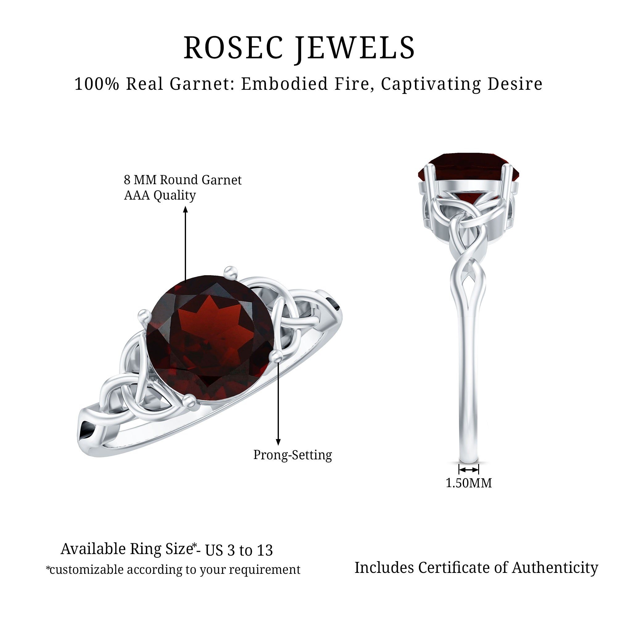 Real 8mm Garnet Solitaire Engagement Ring with Celtic Knot AAA - Rosec Jewels