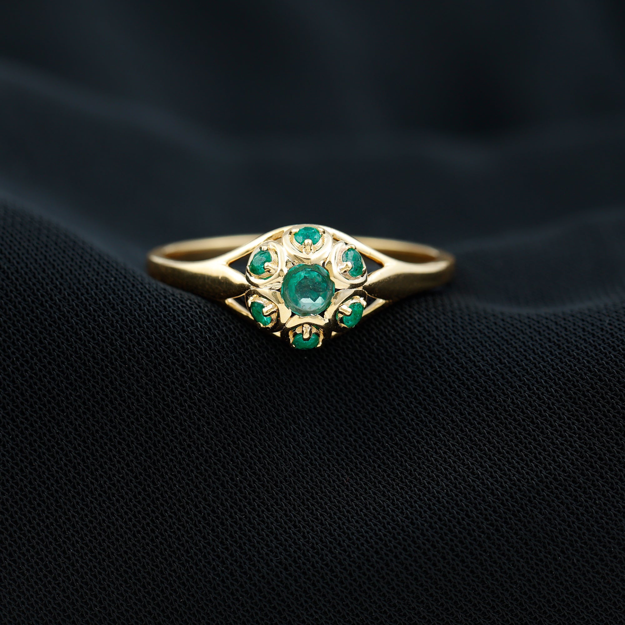 Rosec Jewels-Vintage Inspired Emerald Flower Engagement Ring