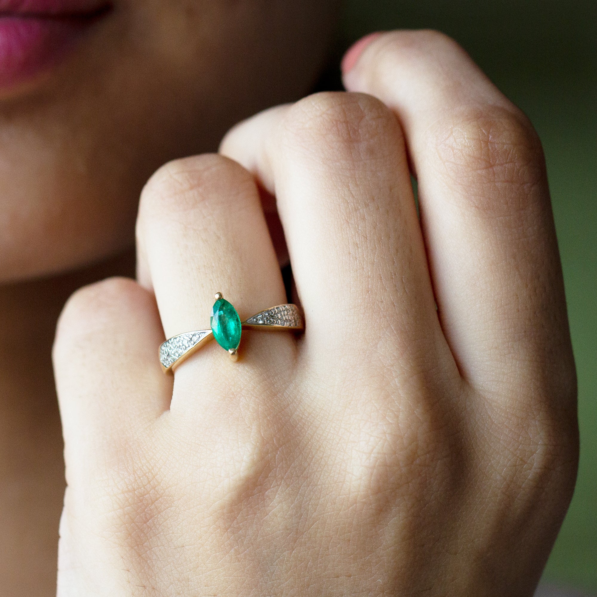 Genuine Emerald Diamond Marquise Engagement Ring with Pinched Shank AAA - Rosec Jewels