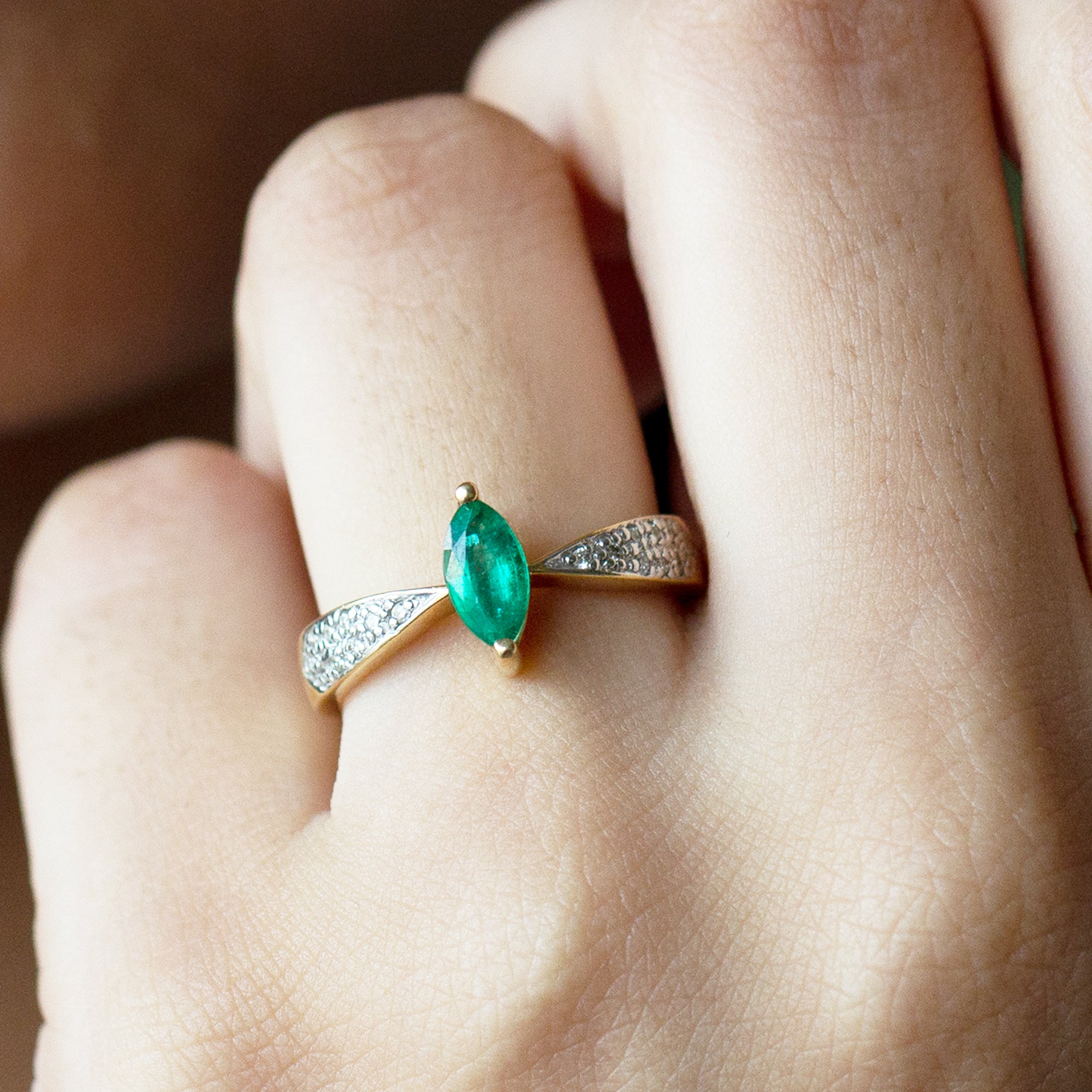 Genuine Emerald Diamond Marquise Engagement Ring with Pinched Shank AAA - Rosec Jewels