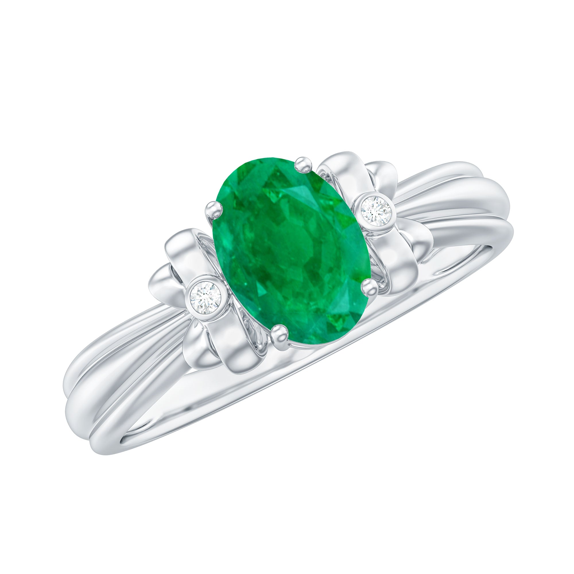Oval Cut Emerald Solitaire Engagement Ring with Bow Design