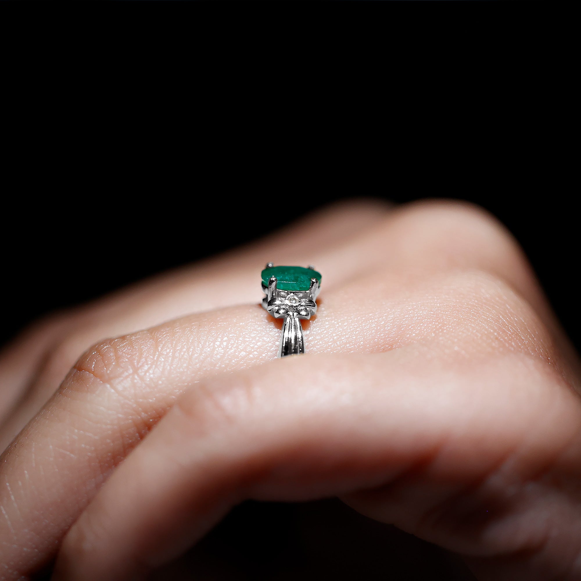 Rosec Jewels-Oval Cut Emerald Solitaire Engagement Ring with Bow Design