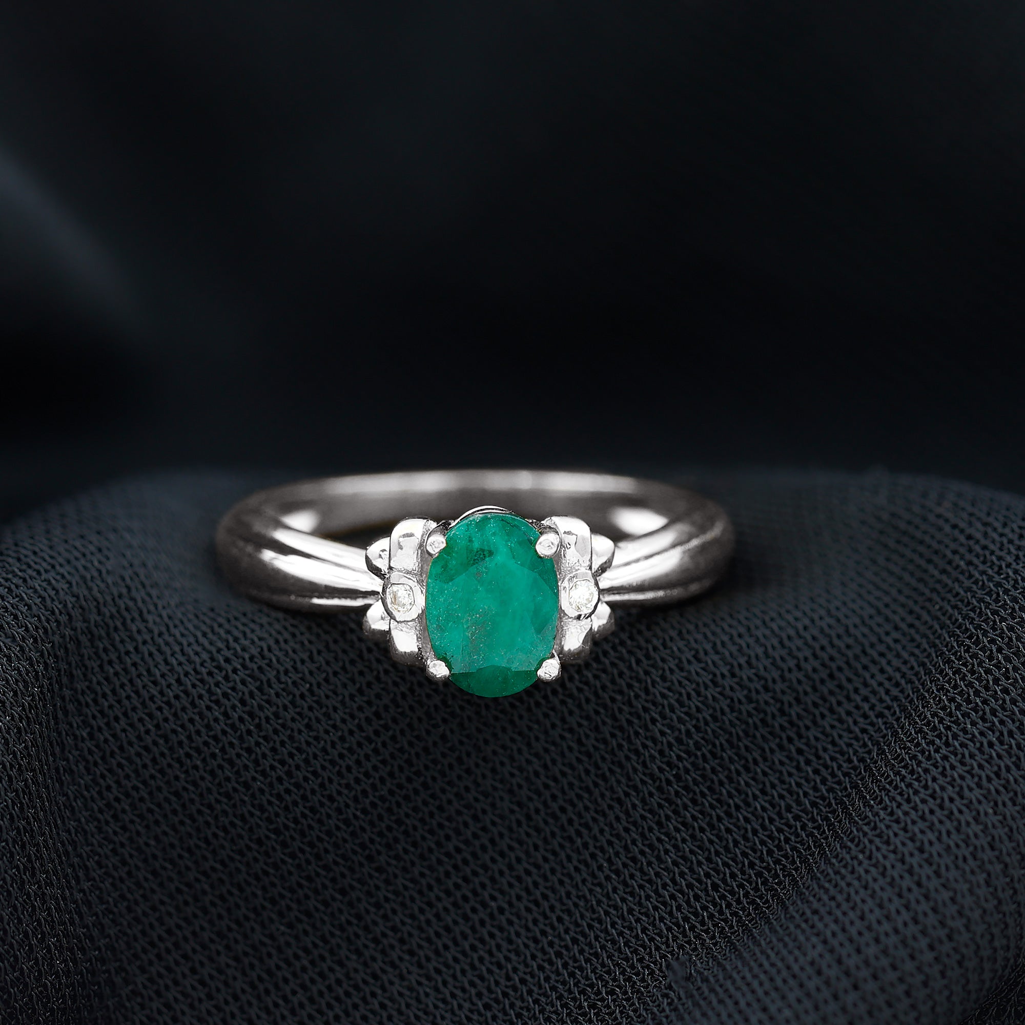 Rosec Jewels-Oval Cut Emerald Solitaire Engagement Ring with Bow Design