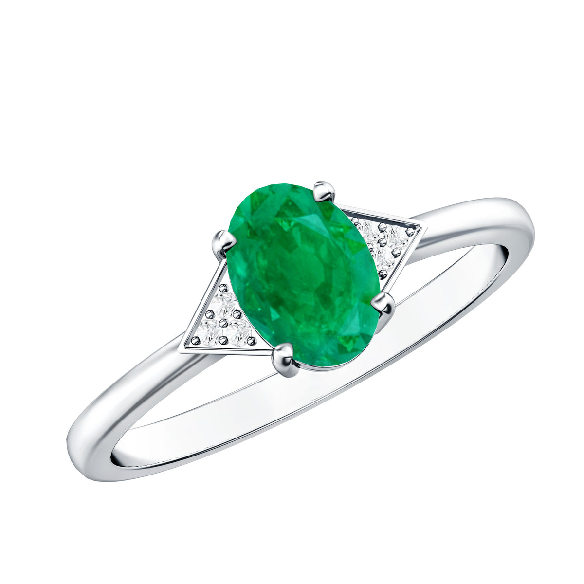 Solitaire Oval Emerald Engagement Ring with Diamonds AAA - Rosec Jewels