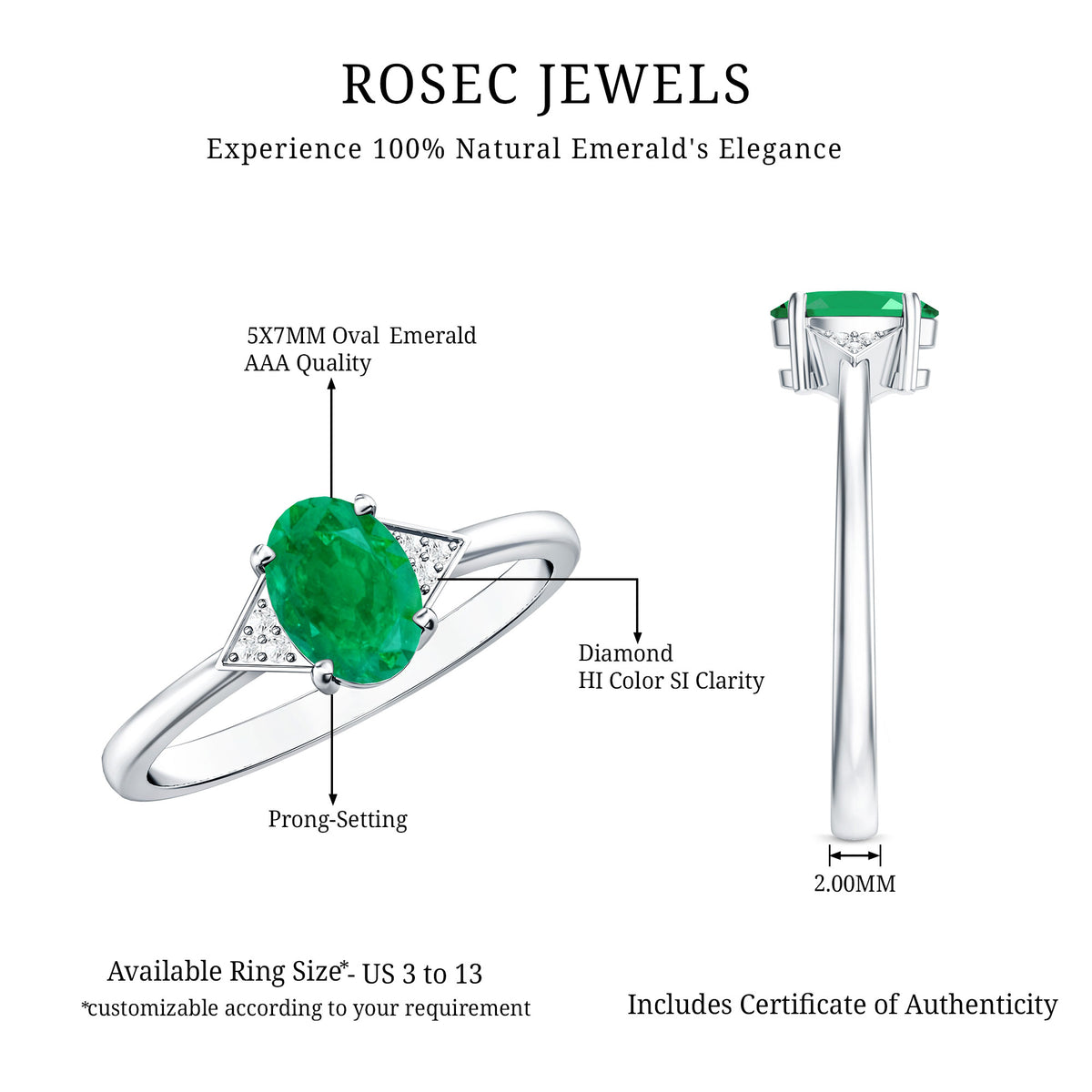 Solitaire Oval Emerald Engagement Ring with Diamonds AAA - Rosec Jewels