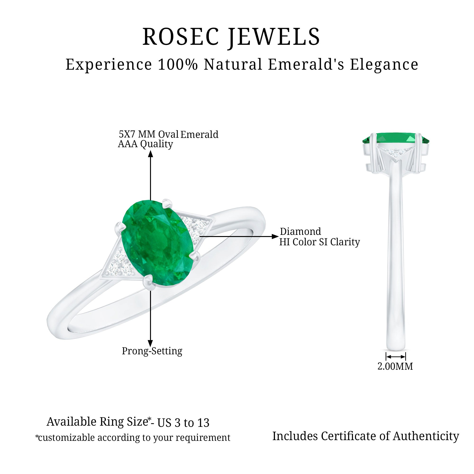Rosec Jewels-Solitaire Oval Emerald Engagement Ring with Diamonds