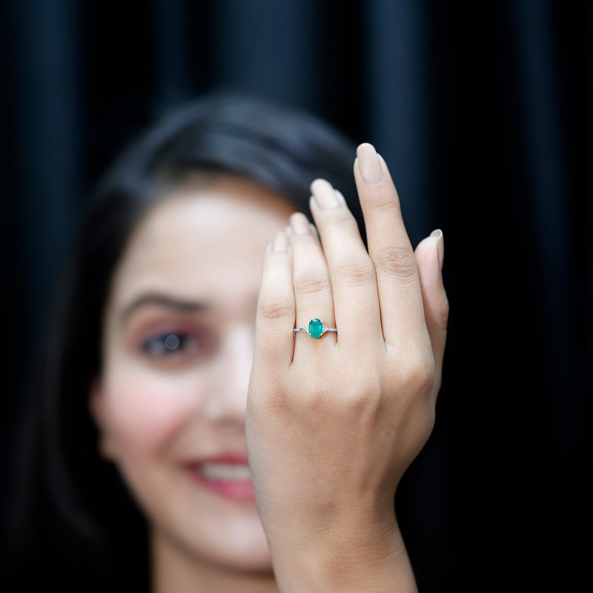 Solitaire Oval Emerald Engagement Ring with Diamonds AAA - Rosec Jewels