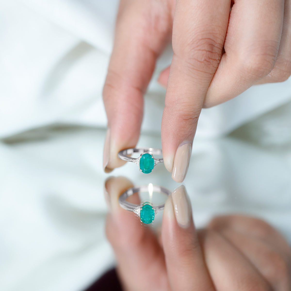 Solitaire Oval Emerald Engagement Ring with Diamonds AAA - Rosec Jewels