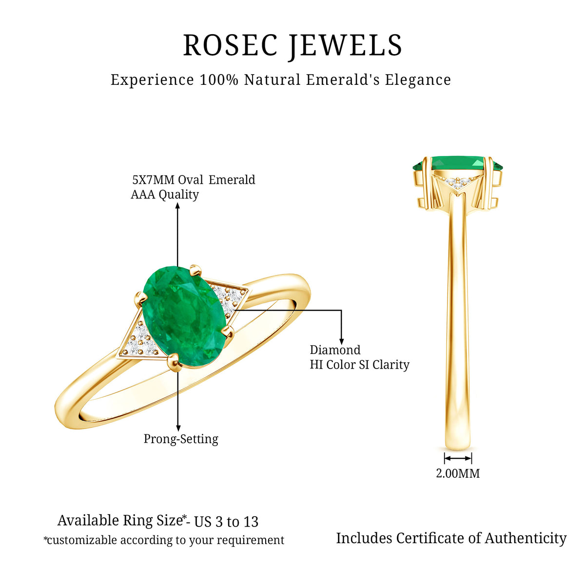 Solitaire Oval Emerald Engagement Ring with Diamonds AAA - Rosec Jewels
