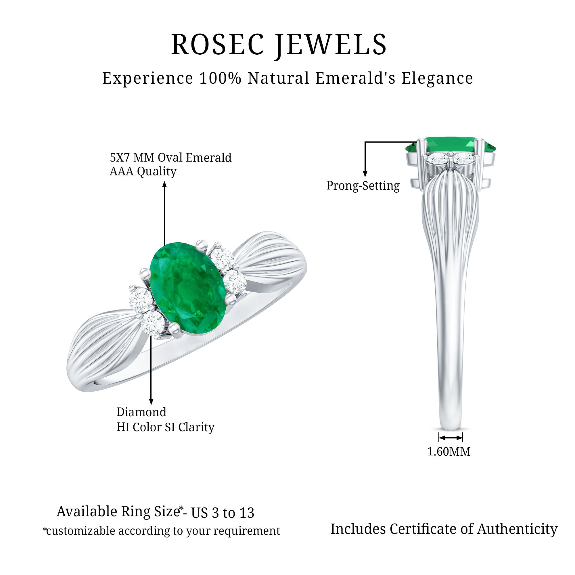 Natural 5X7mm Emerald Oval Engagement Ring with Diamond AAA - Rosec Jewels