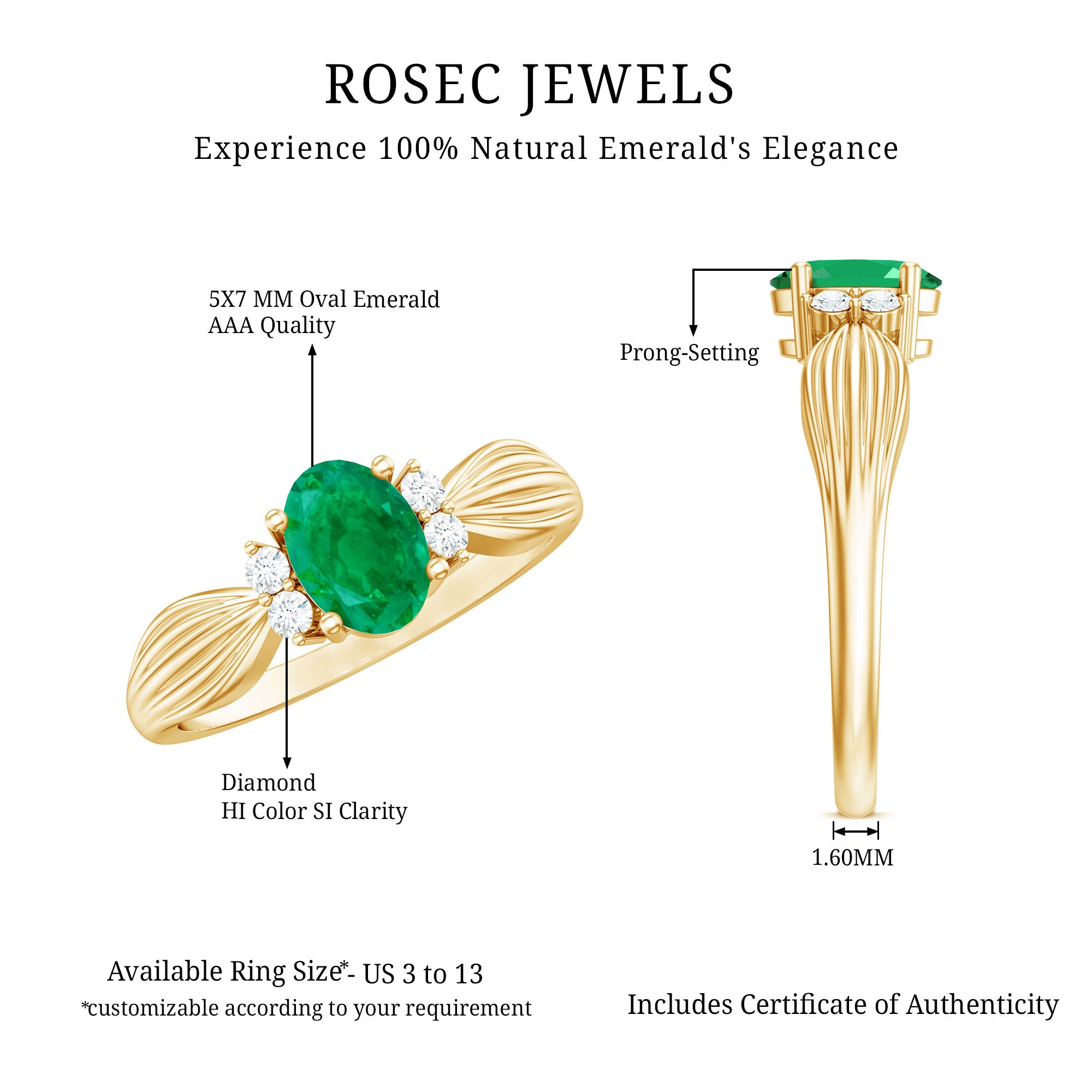 Natural 5X7mm Emerald Oval Engagement Ring with Diamond AAA - Rosec Jewels