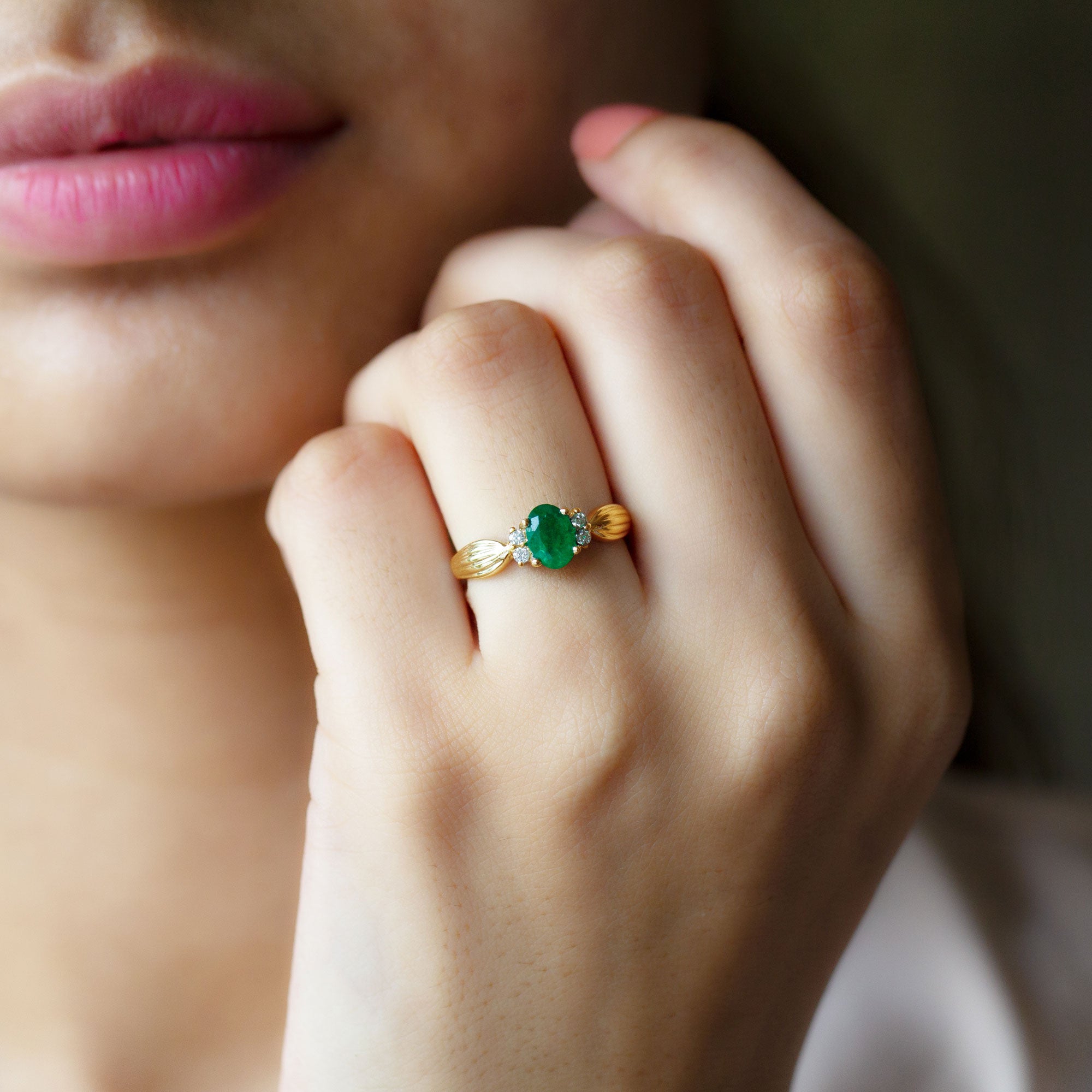 Natural 5X7mm Emerald Oval Engagement Ring with Diamond AAA - Rosec Jewels