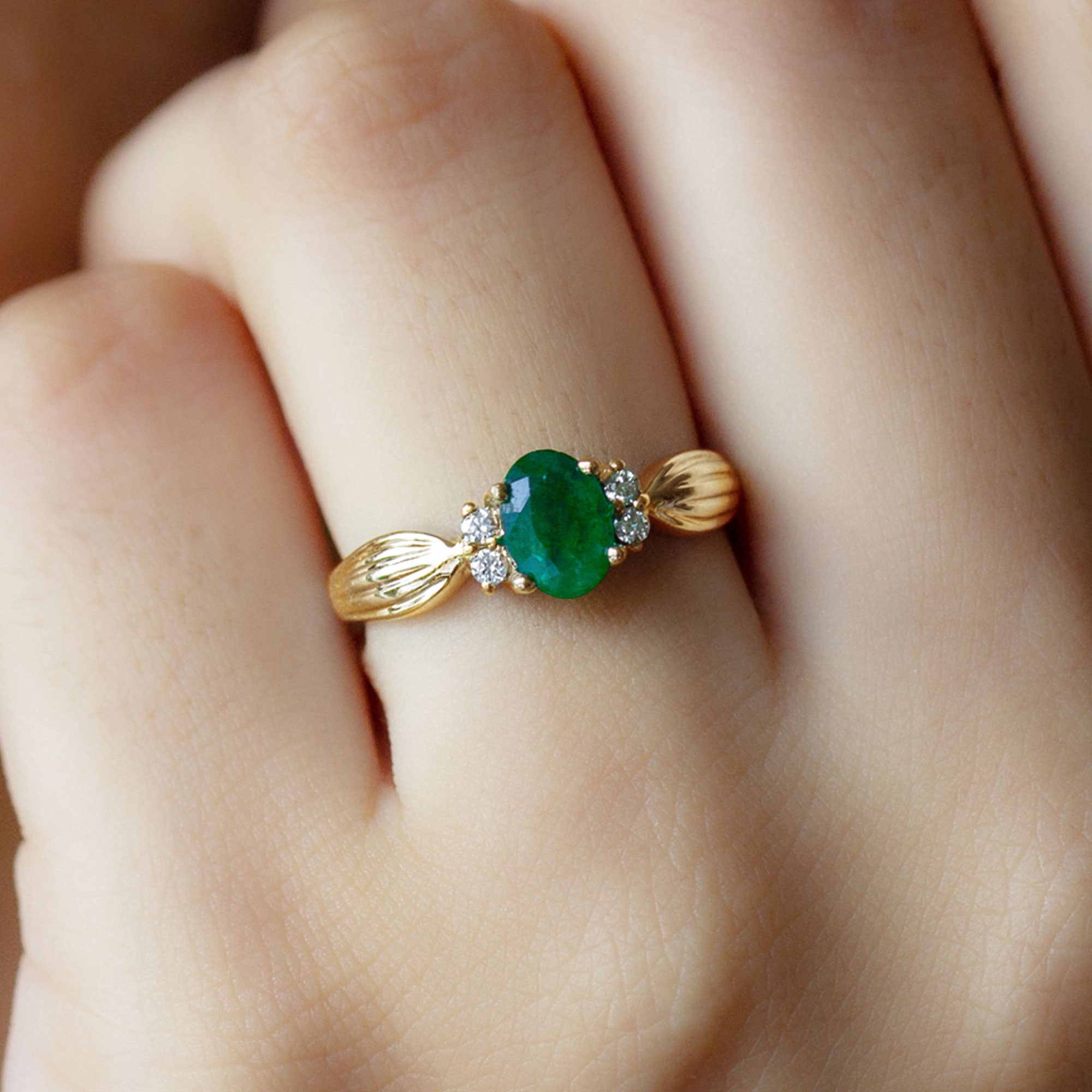 Natural 5X7mm Emerald Oval Engagement Ring with Diamond AAA - Rosec Jewels