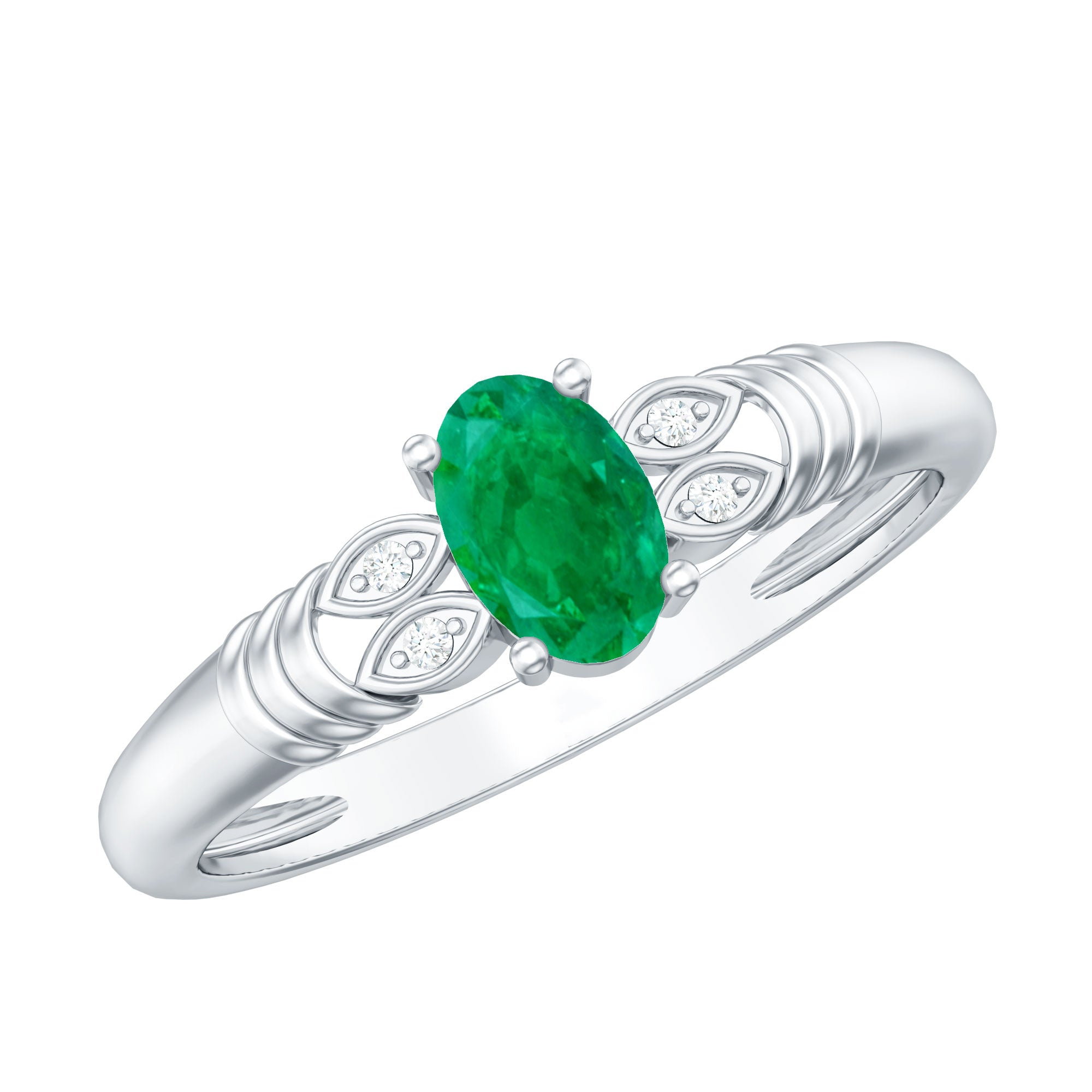 Real Oval Emerald Solitaire Engagement Ring with Diamond