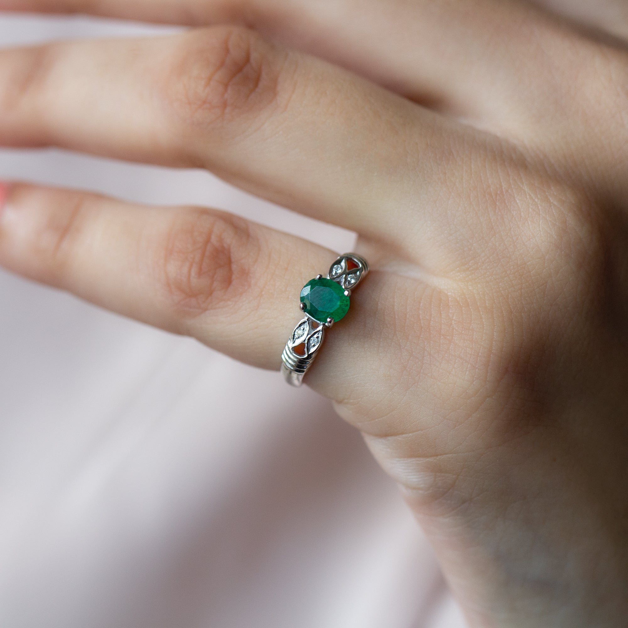 Real Oval Emerald Solitaire Engagement Ring with Diamond AAA - Rosec Jewels