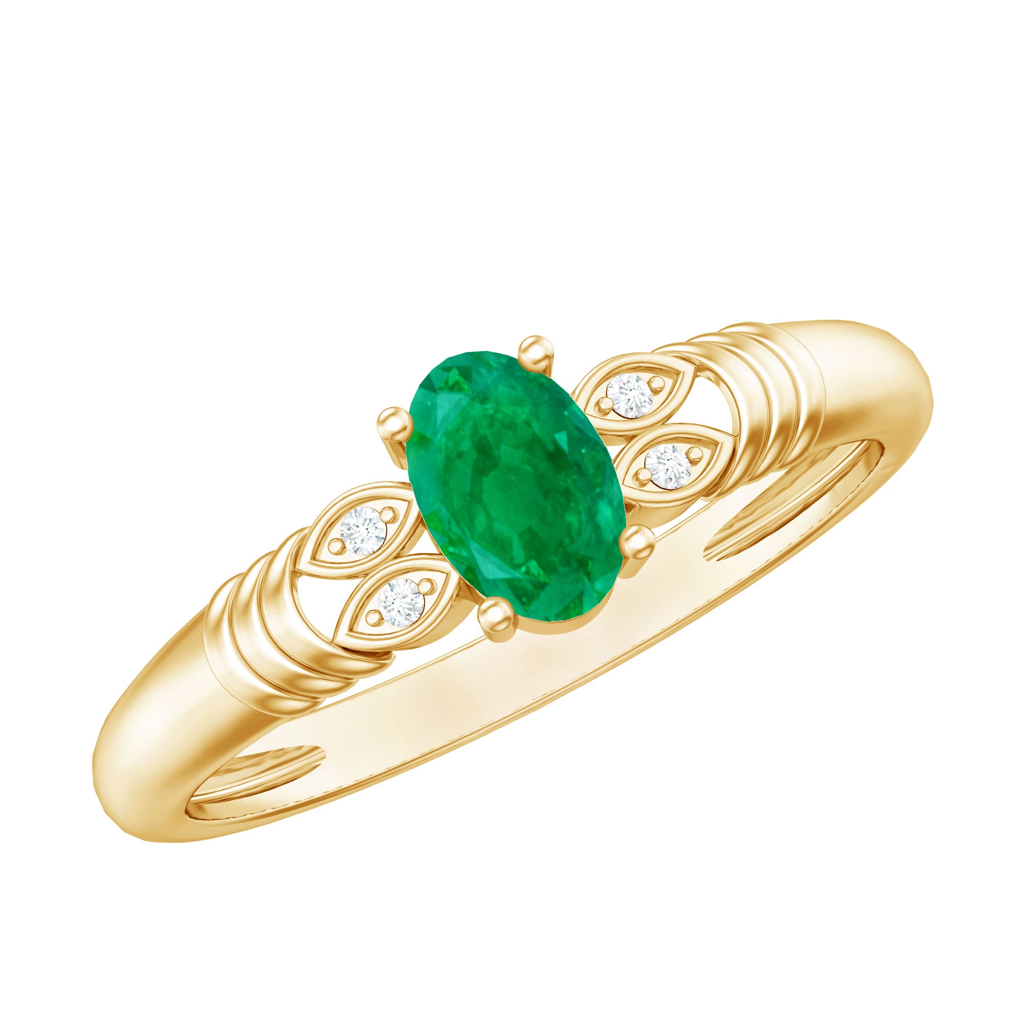 Real Oval Emerald Solitaire Engagement Ring with Diamond AAA - Rosec Jewels