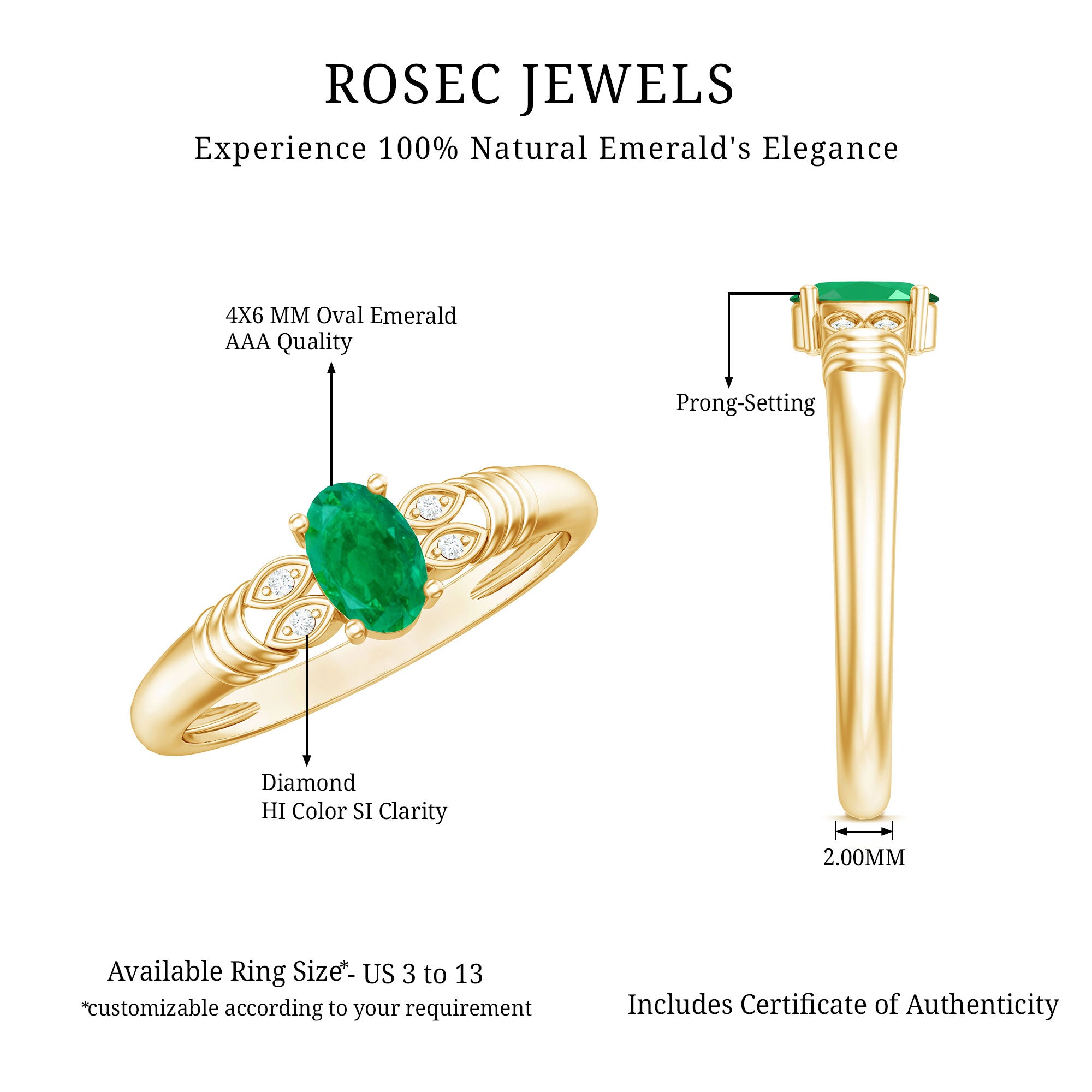 Real Oval Emerald Solitaire Engagement Ring with Diamond AAA - Rosec Jewels