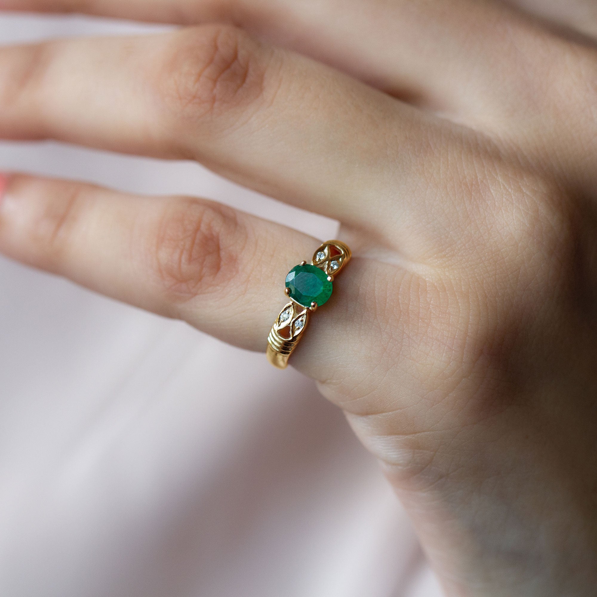 Real Oval Emerald Solitaire Engagement Ring with Diamond AAA - Rosec Jewels