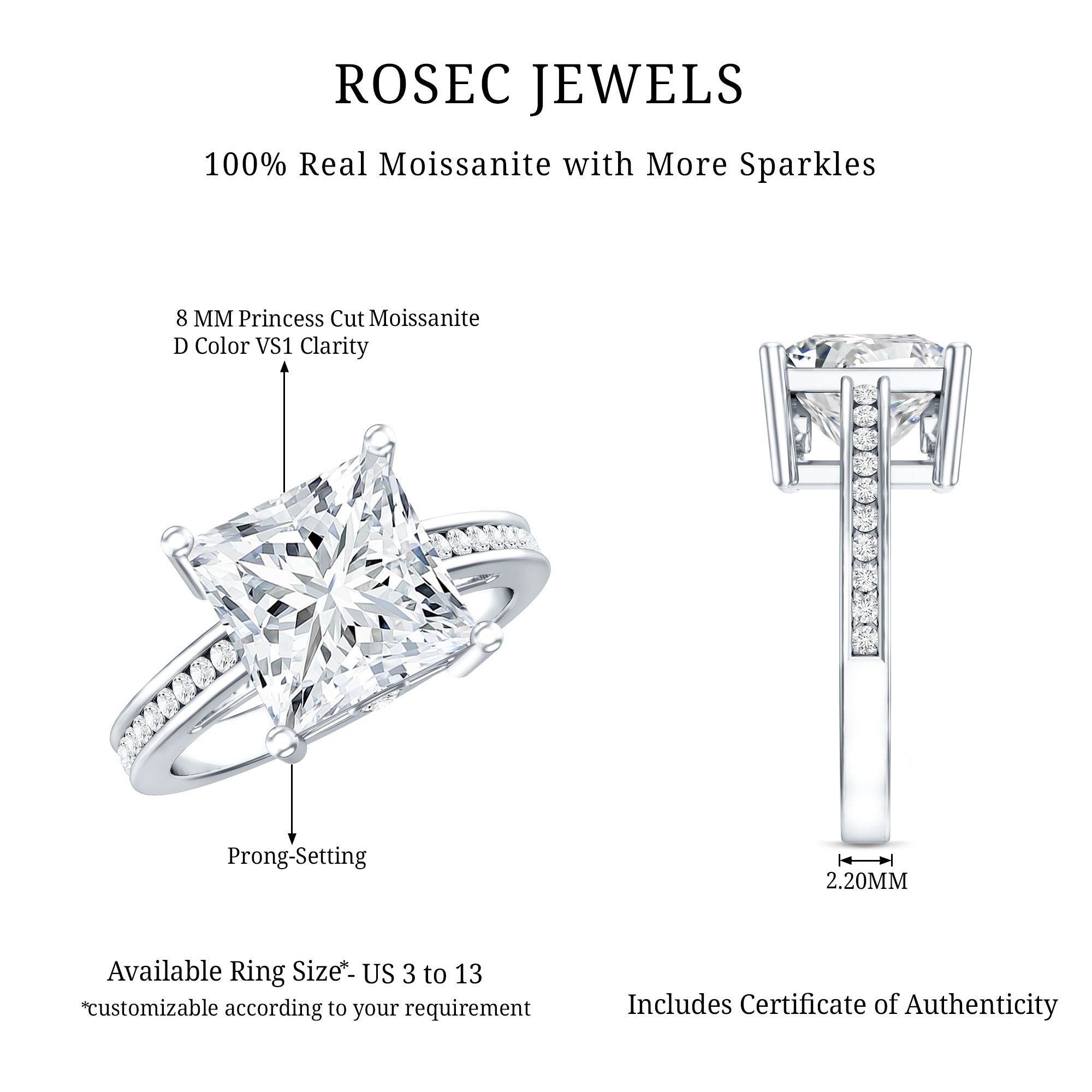 Solitaire Moissanite Princess Cut Engagement Ring with Side Stones D-VS1 - Rosec Jewels