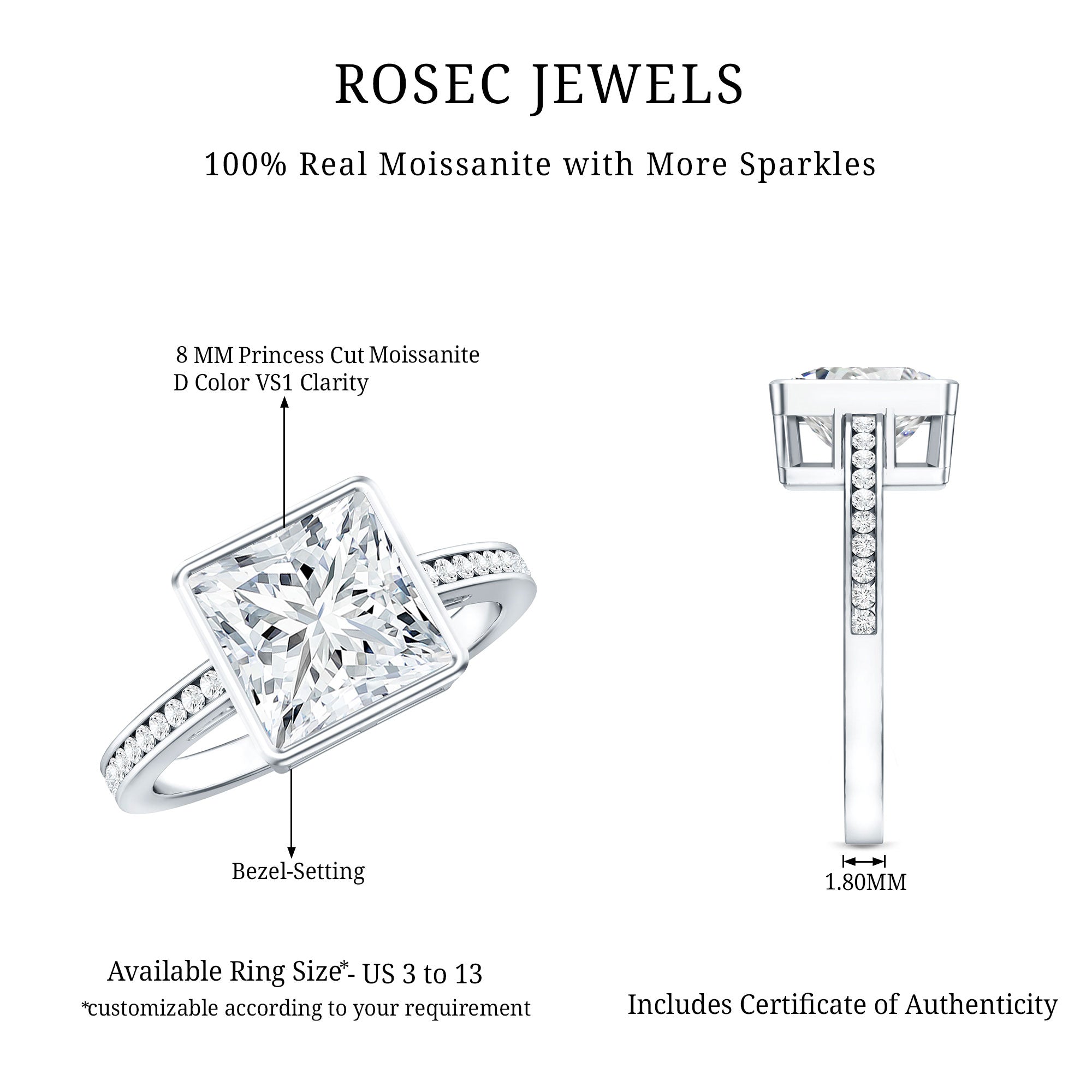 3 CT Moissanite Bezel Set Engagement Ring with Channel Set D-VS1 - Rosec Jewels