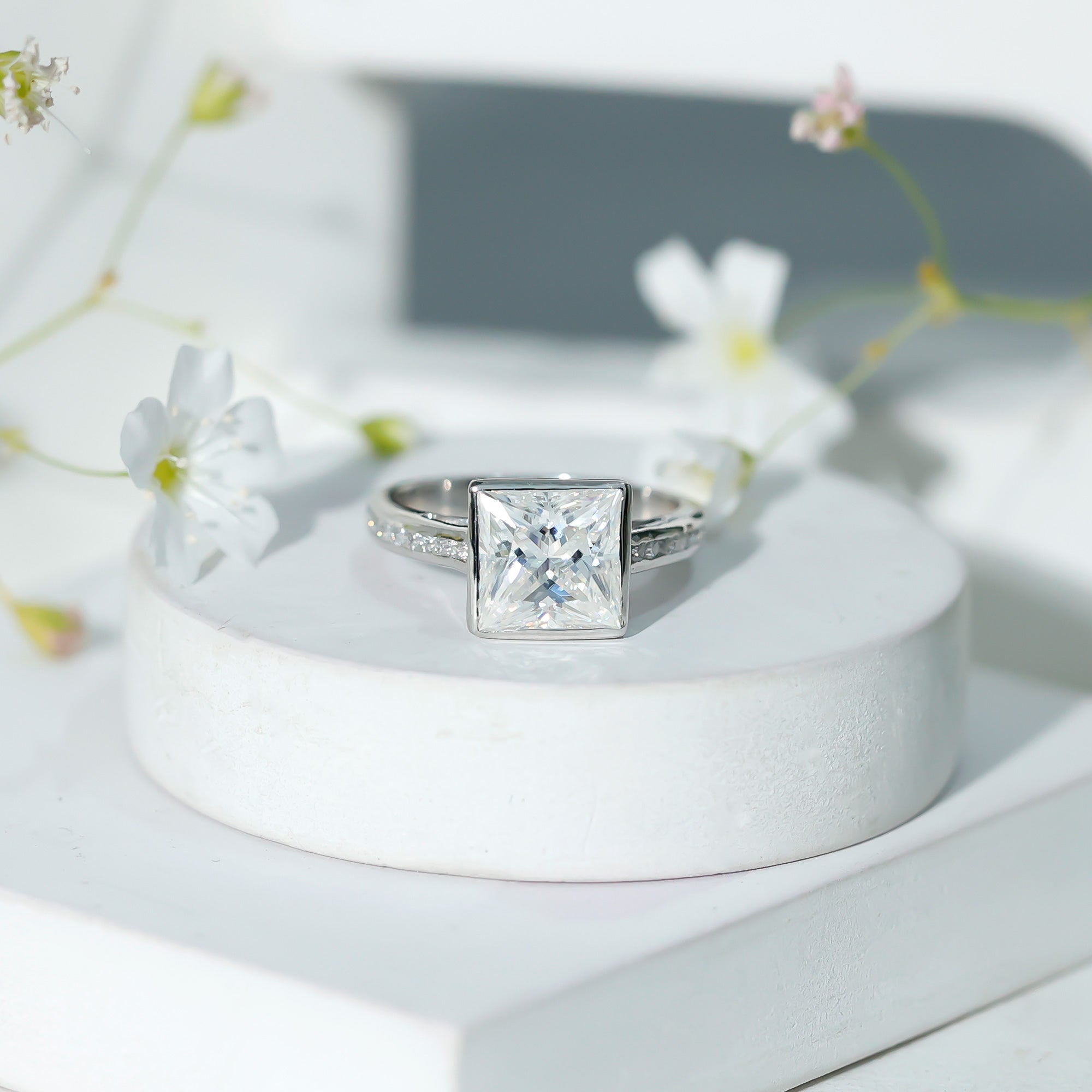 3 CT Moissanite Bezel Set Engagement Ring with Channel Set D-VS1 - Rosec Jewels