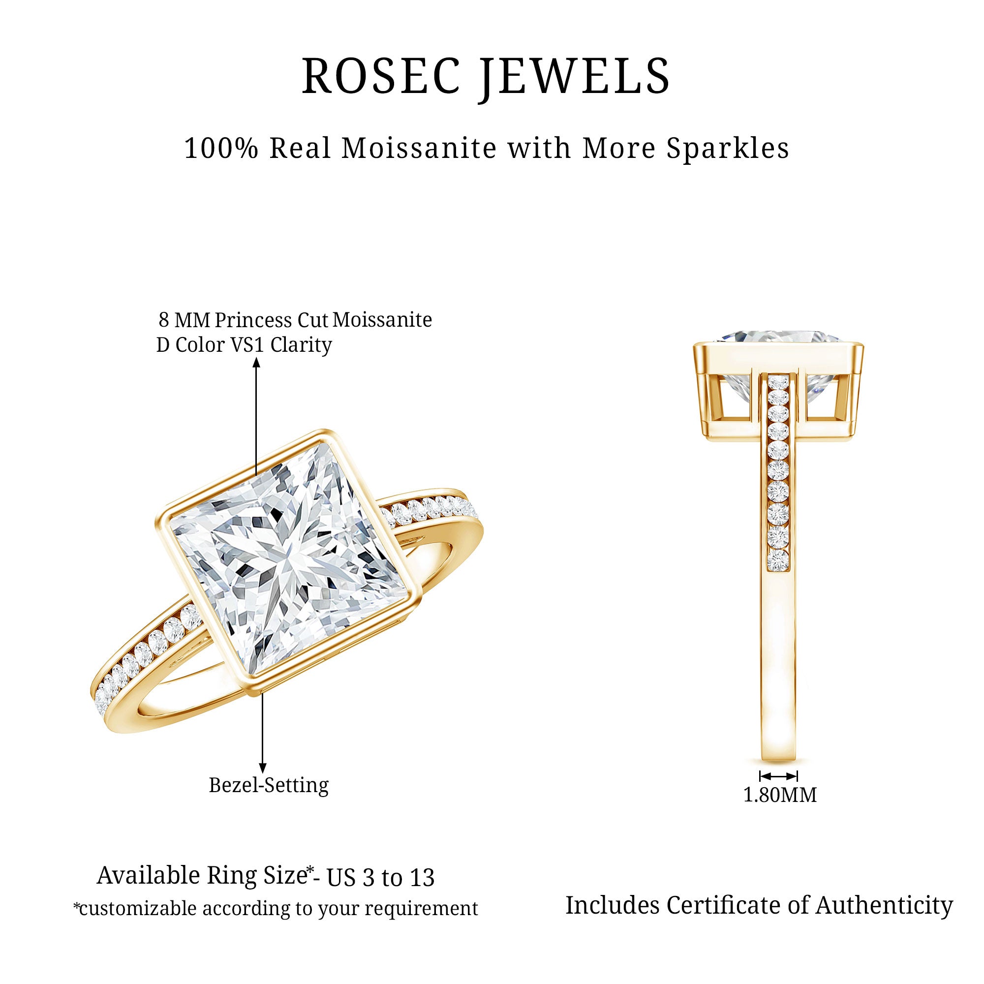 3 CT Moissanite Bezel Set Engagement Ring with Channel Set D-VS1 - Rosec Jewels