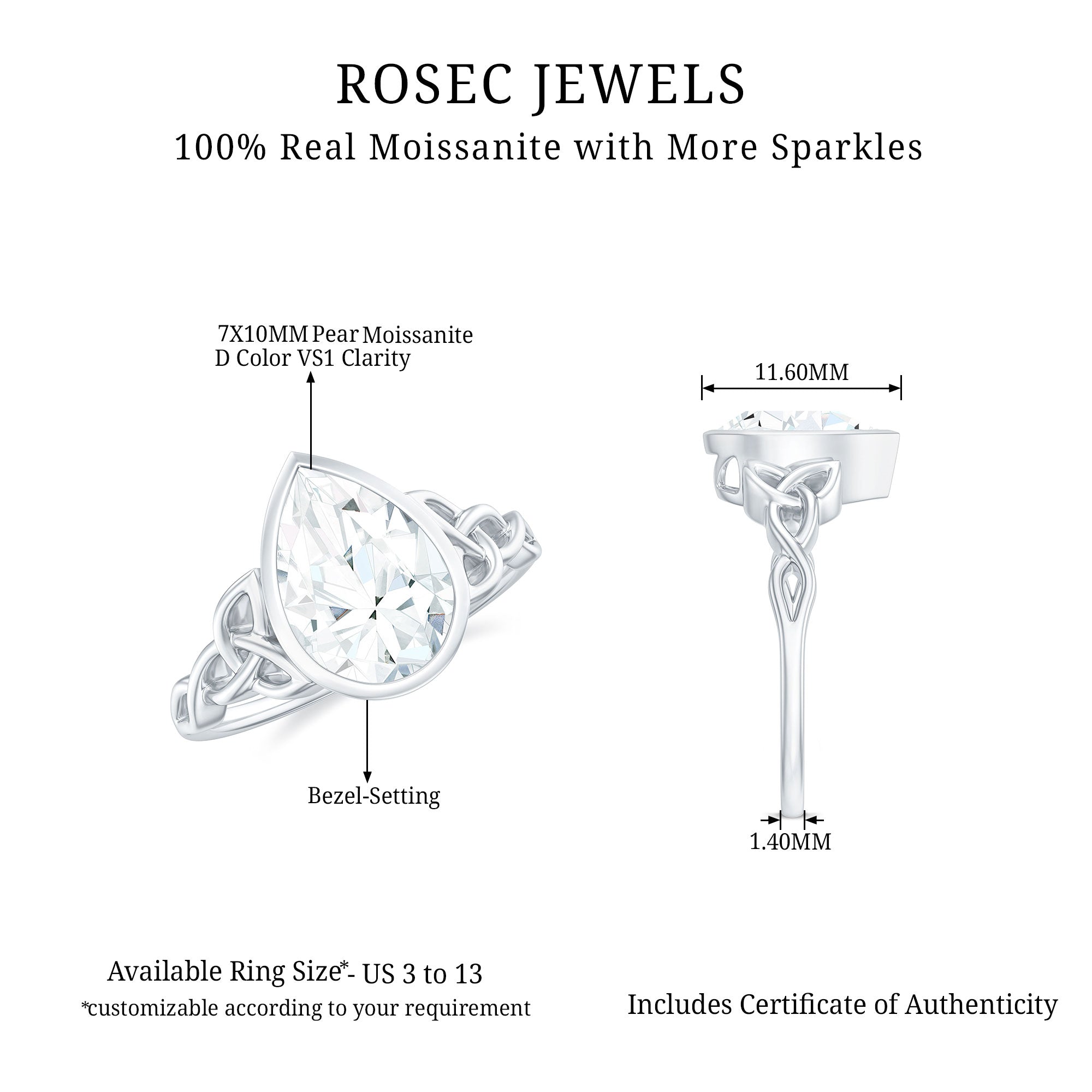 2.25 Carat Pear Shape Moissanite Celtic Knot Engagement Ring D-VS1 - Rosec Jewels